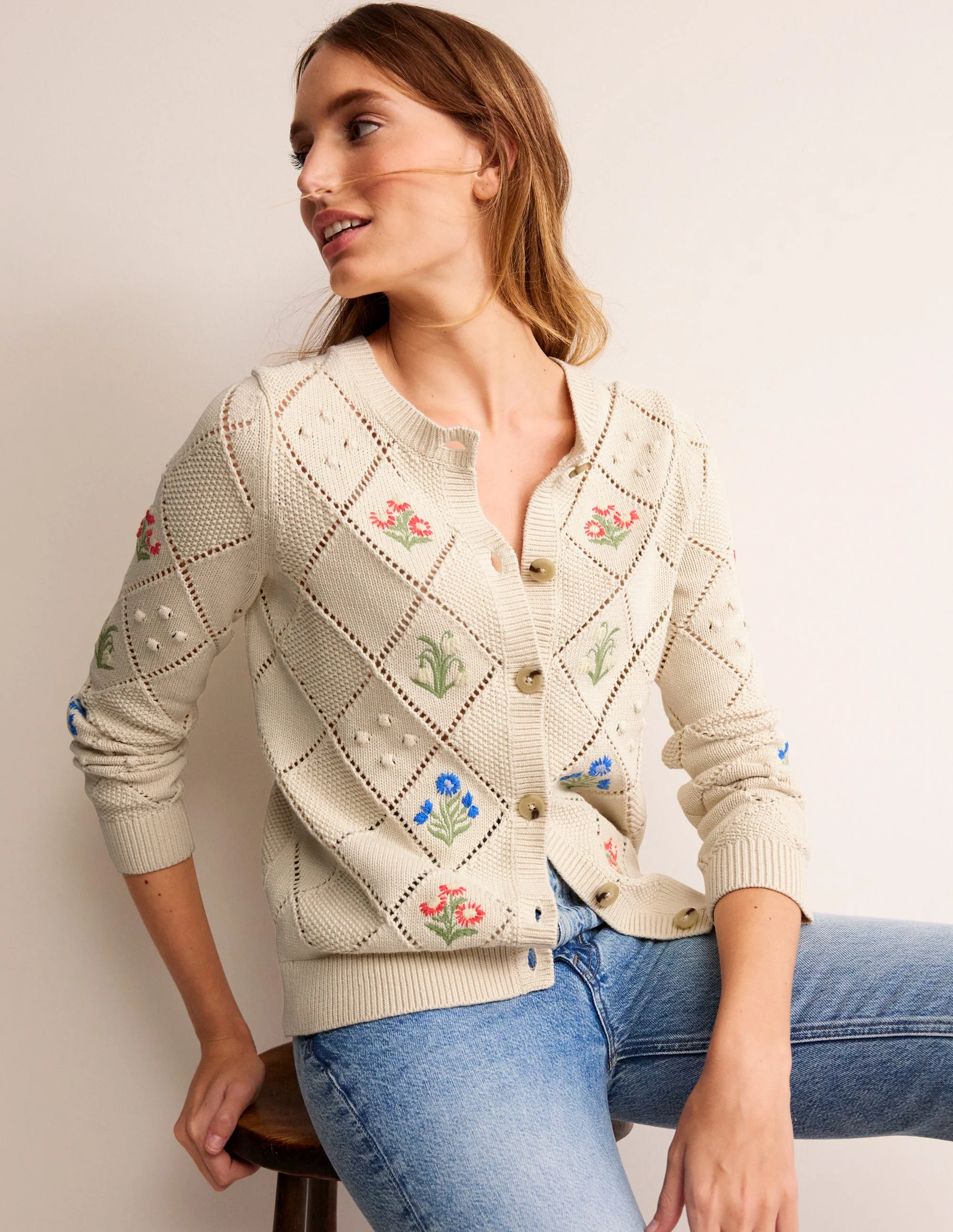 Cotton Embroidered Cardigan-Warm Ivory - Image 4