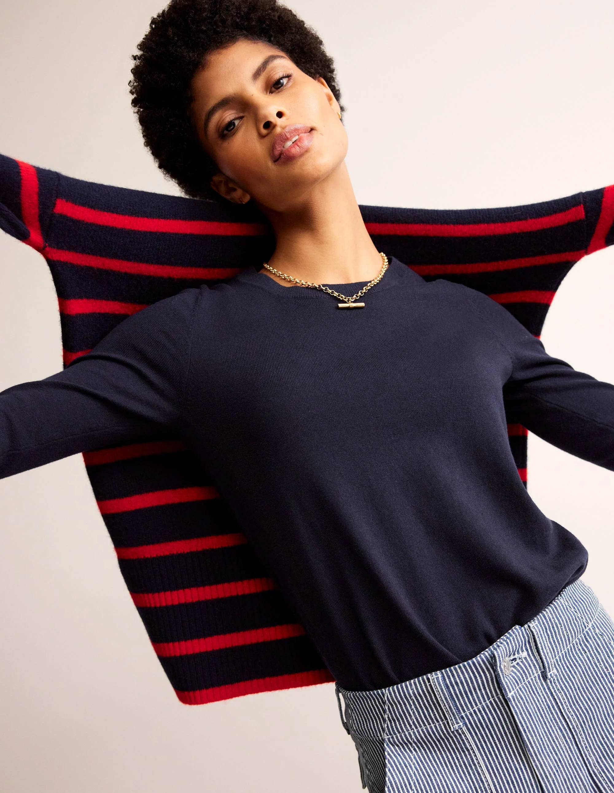 Cotton Merino Frill Sweater-Navy
