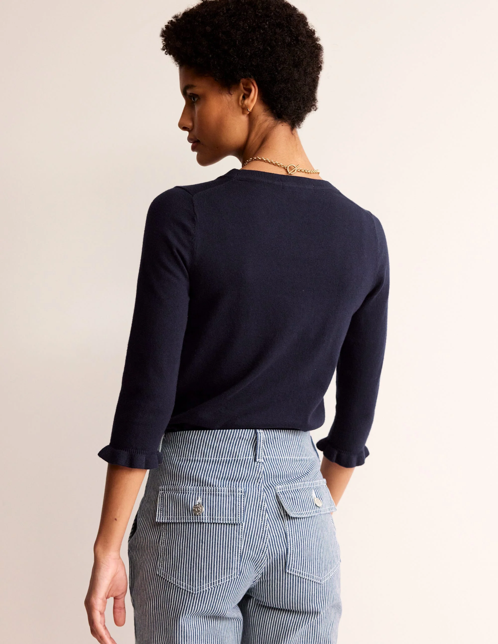 Cotton Merino Frill Sweater-Navy - Image 3