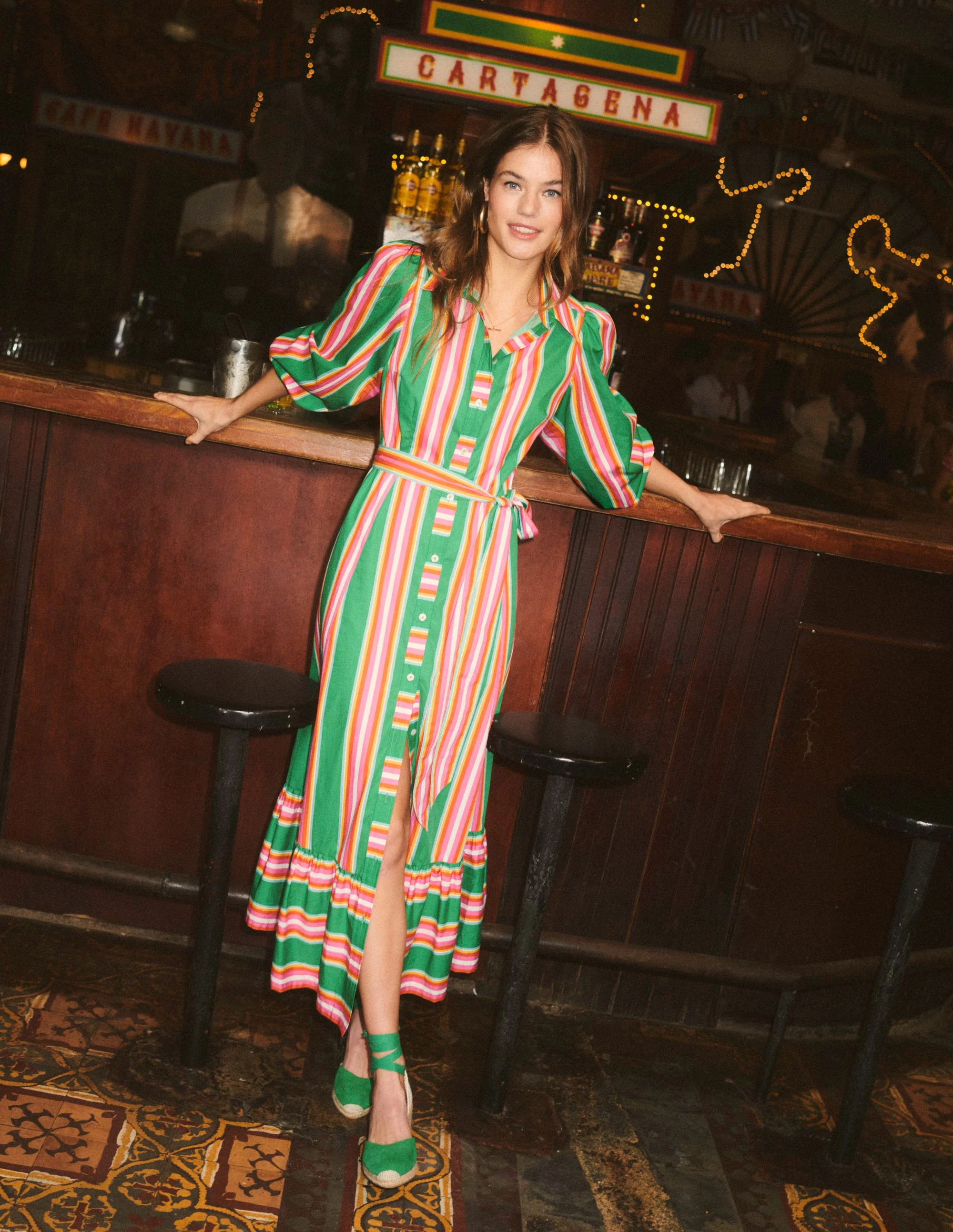 Cotton Midi Shirt Dress-Green Tambourine, Pink Stripe - Image 6