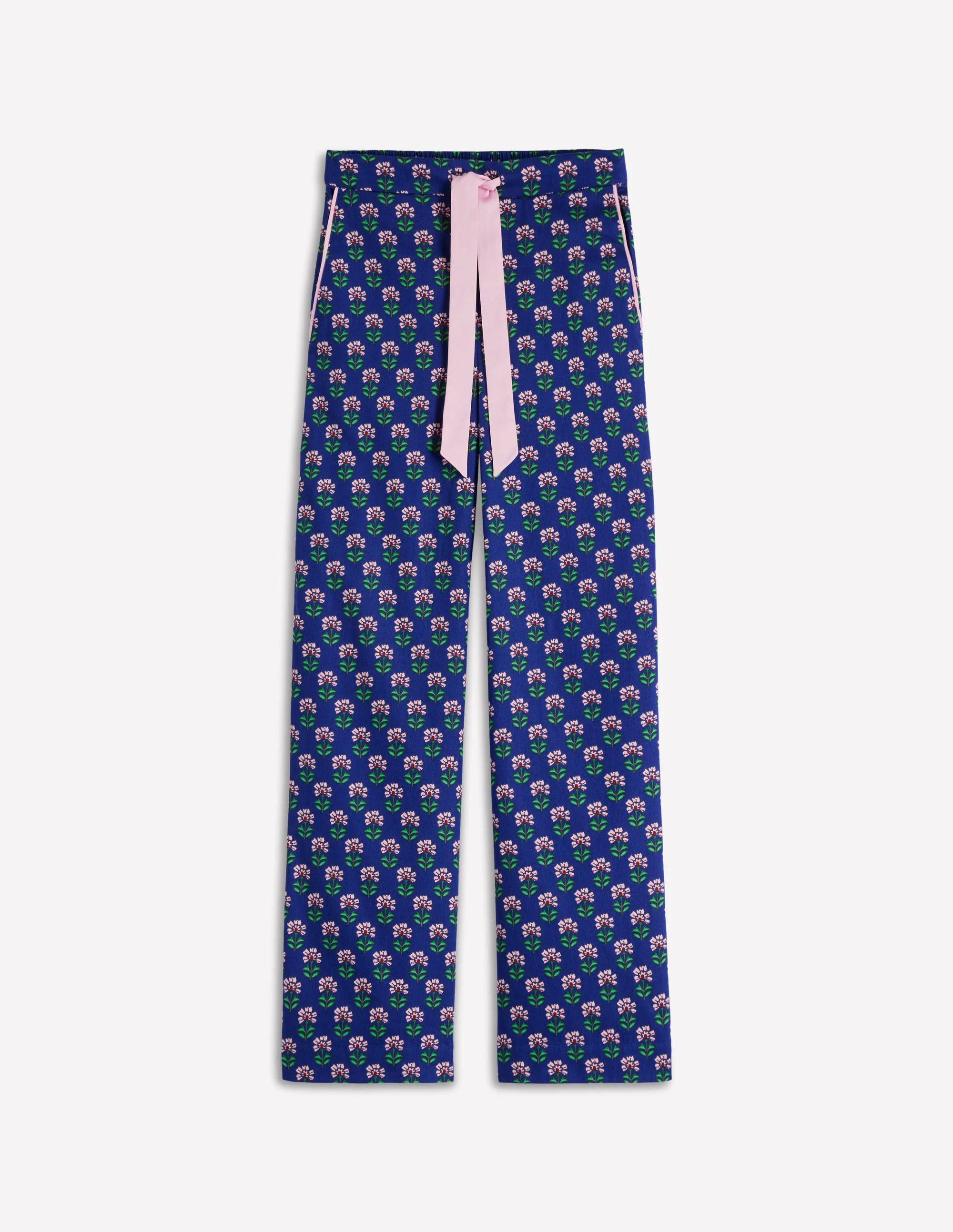 Cotton Pajama Pants-Bright Blue, Woodblock Flower - Image 5