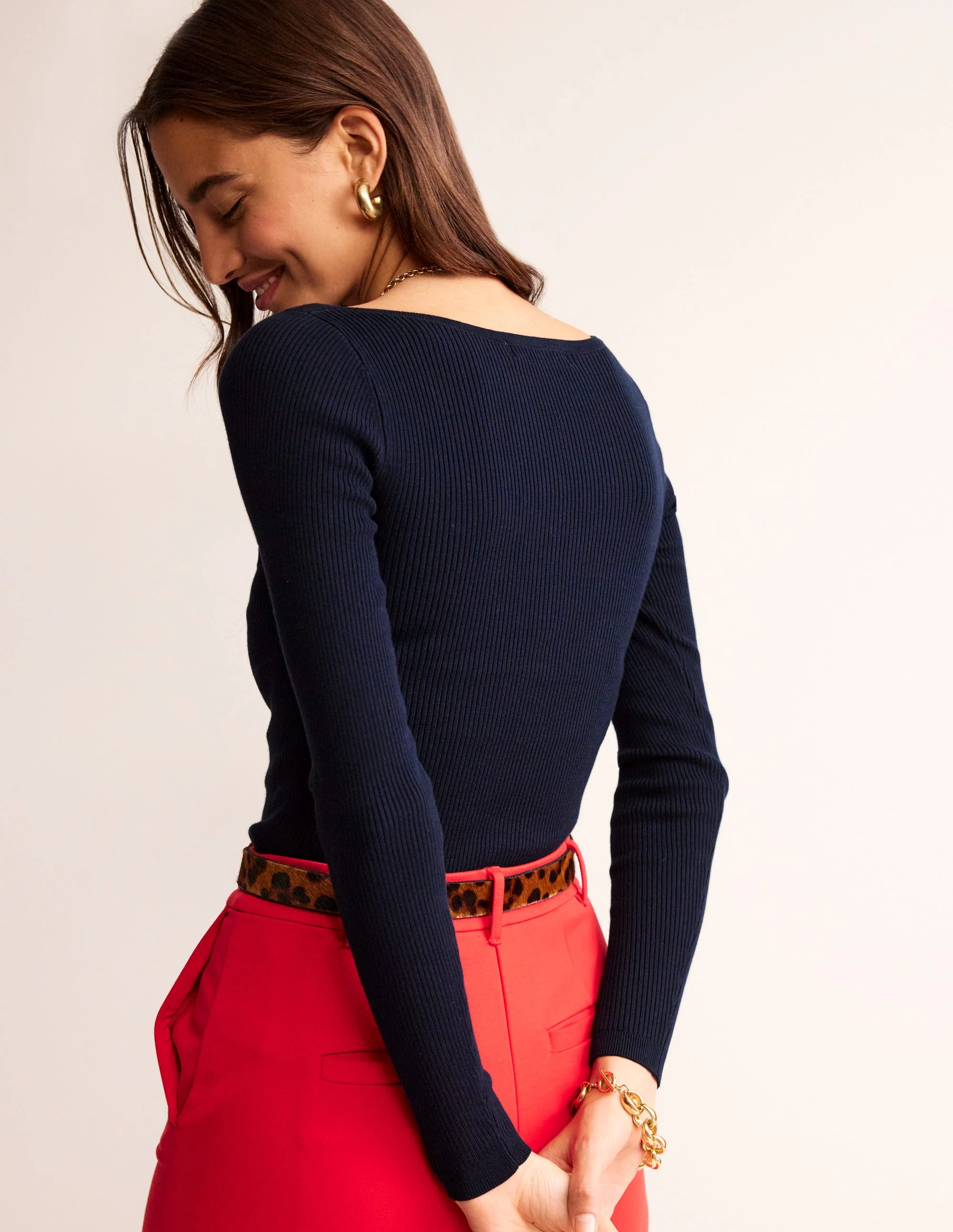 Cotton Rib Boat Neck Sweater-Navy - Image 4