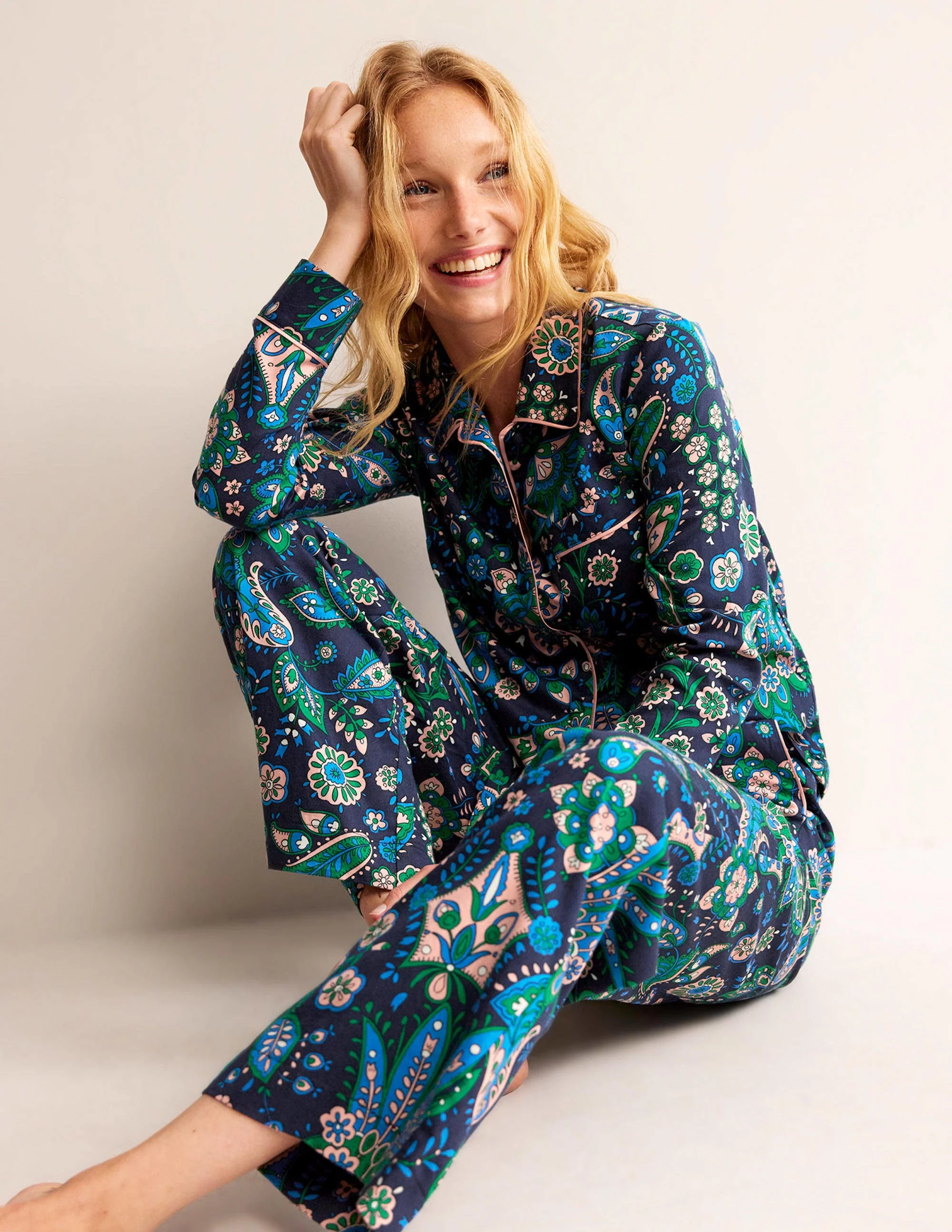 Cotton Sateen Pajama Trousers-Multi, Azalea Bloom