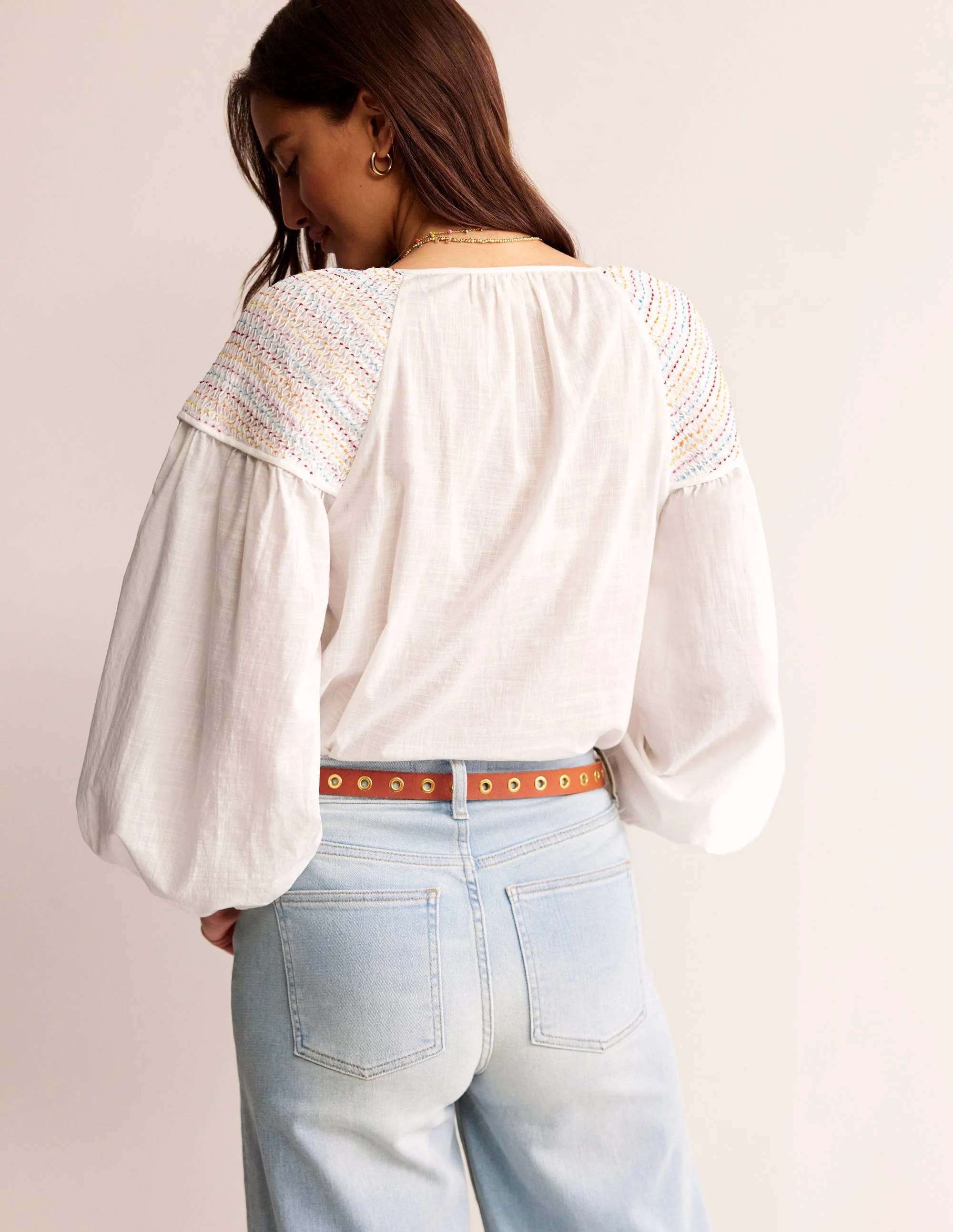 Cotton Smocked Blouse-White - Image 3