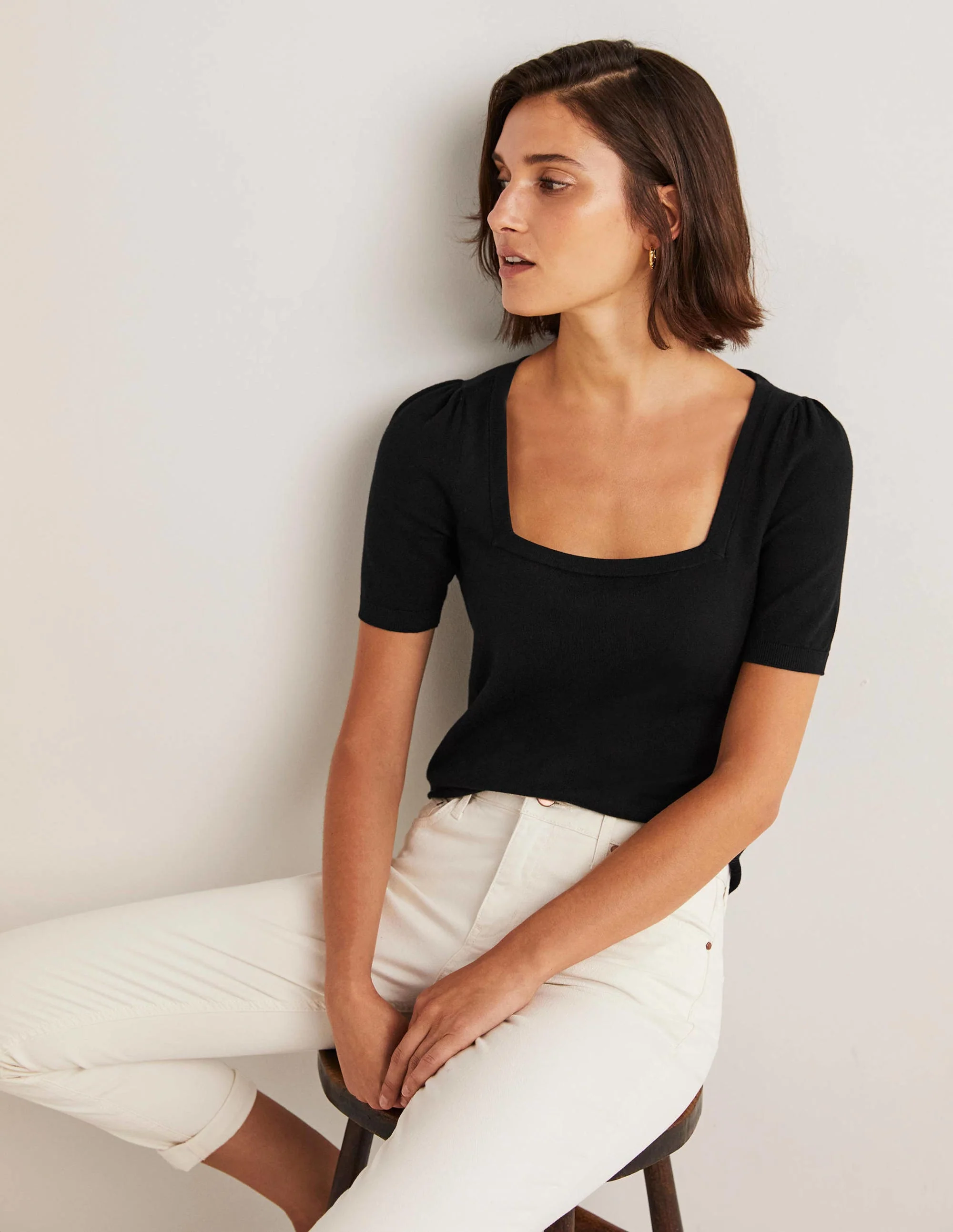 Cotton Square Neck Knitted Top-Black - Image 4