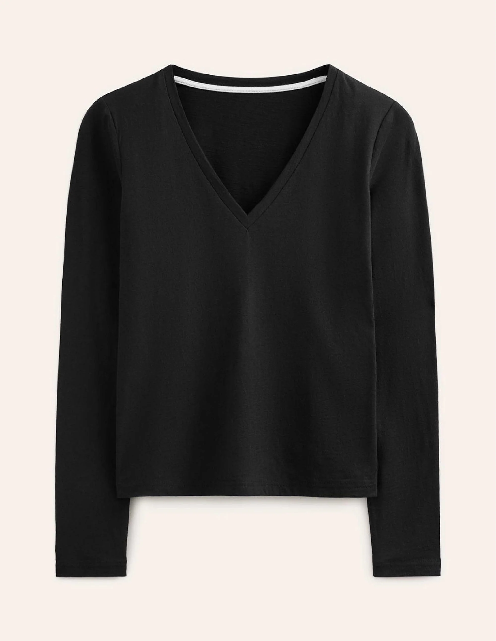 Cotton V-Neck Long Sleeve Top-Black - Image 5