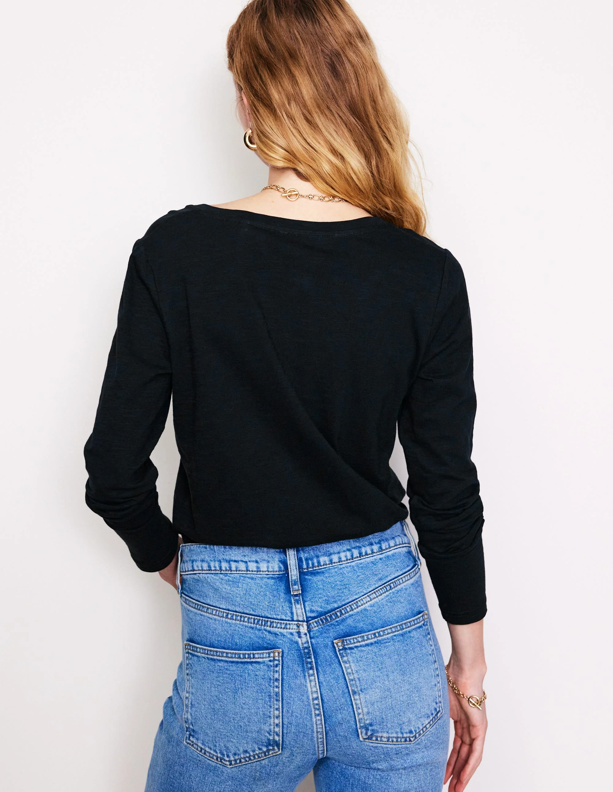 Cotton V-Neck Long Sleeve Top-Black - Image 3