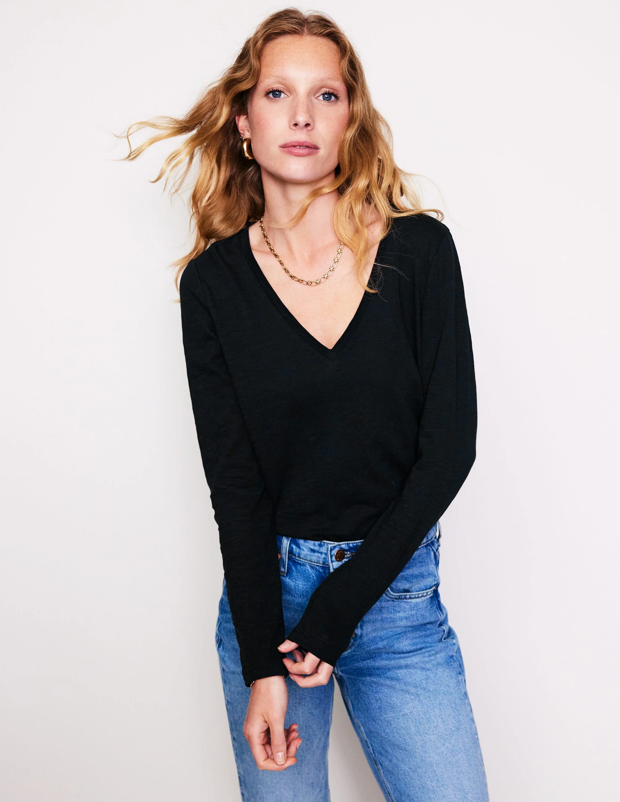 Cotton V-Neck Long Sleeve Top-Black - Image 4