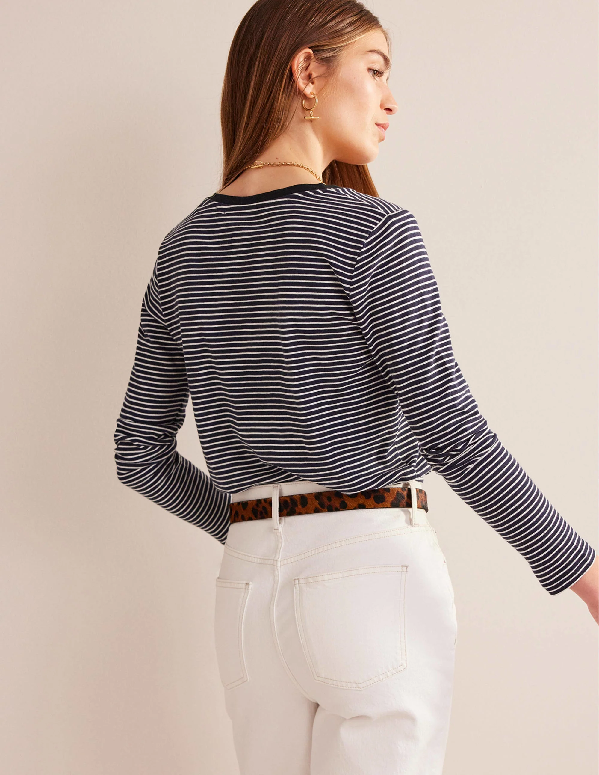 Cotton V-Neck Long Sleeve Top-Navy, Ivory - Image 3