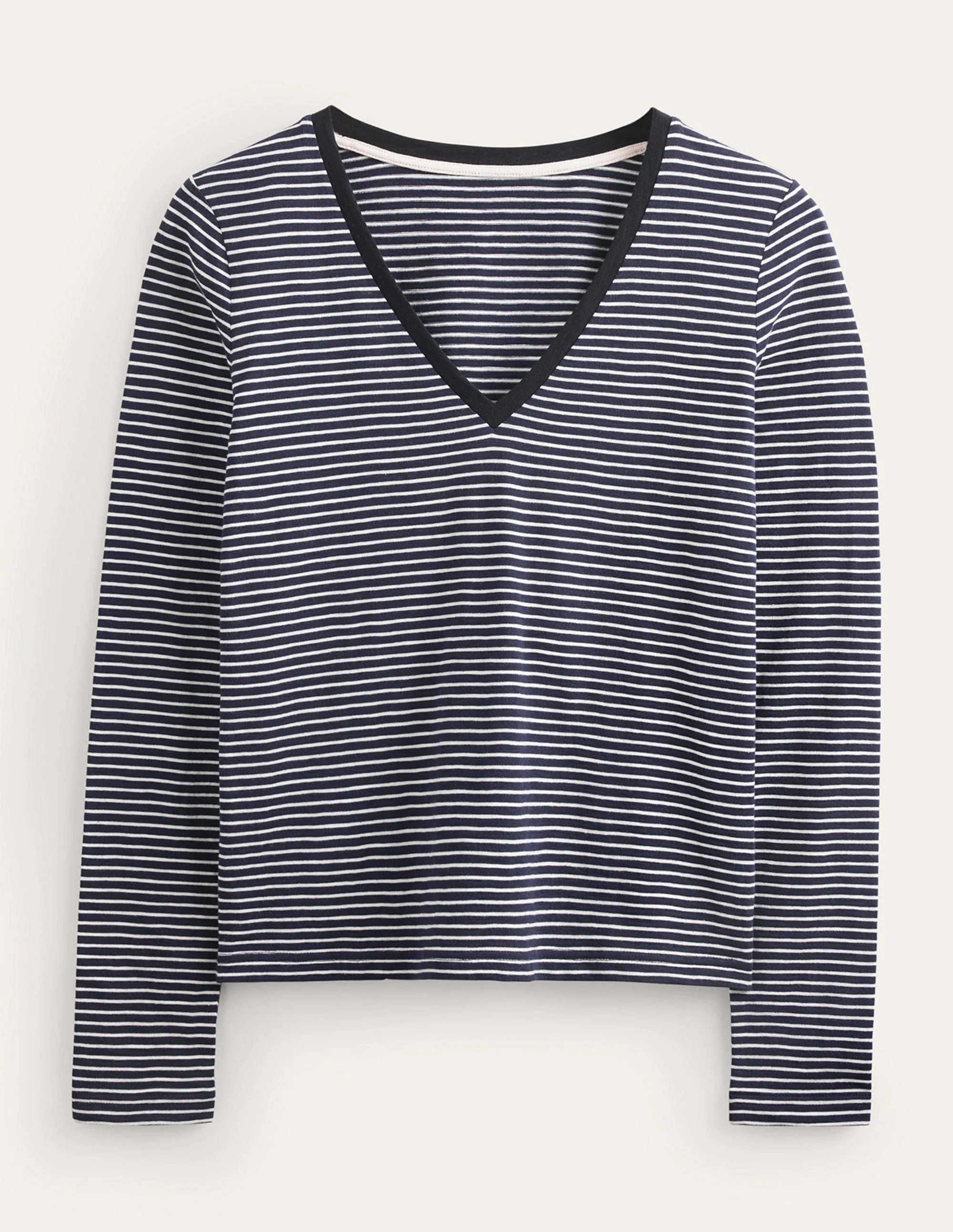 Cotton V-Neck Long Sleeve Top-Navy, Ivory - Image 5