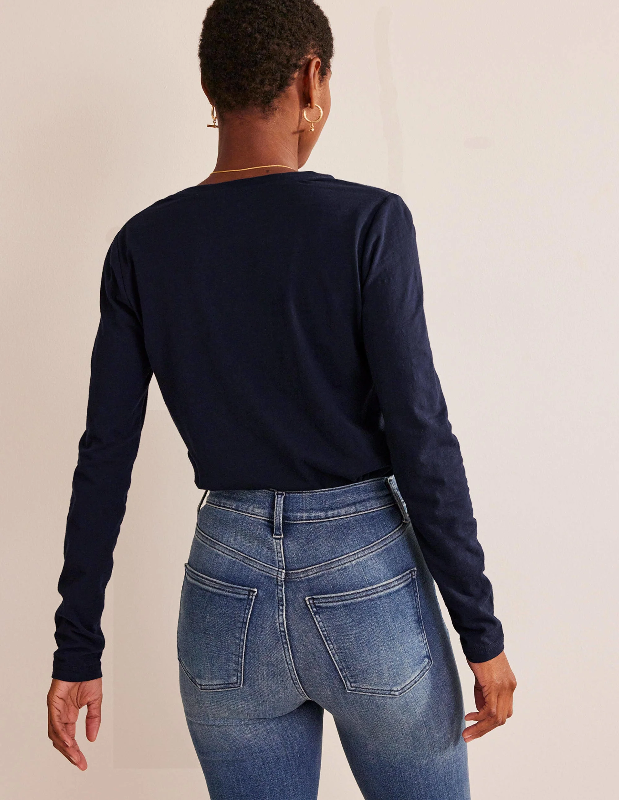 Cotton V-Neck Long Sleeve Top-Navy - Image 3