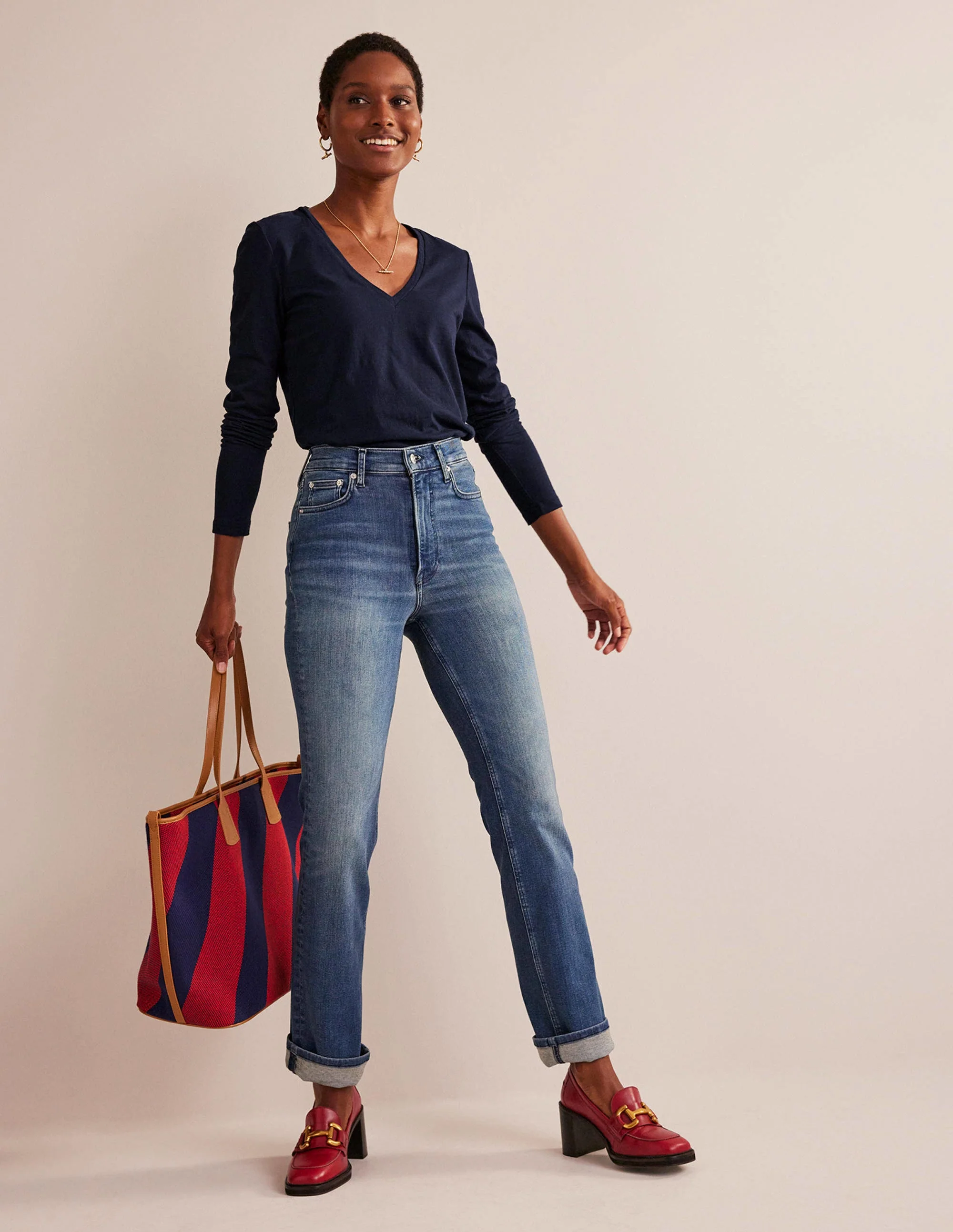 Cotton V-Neck Long Sleeve Top-Navy - Image 4