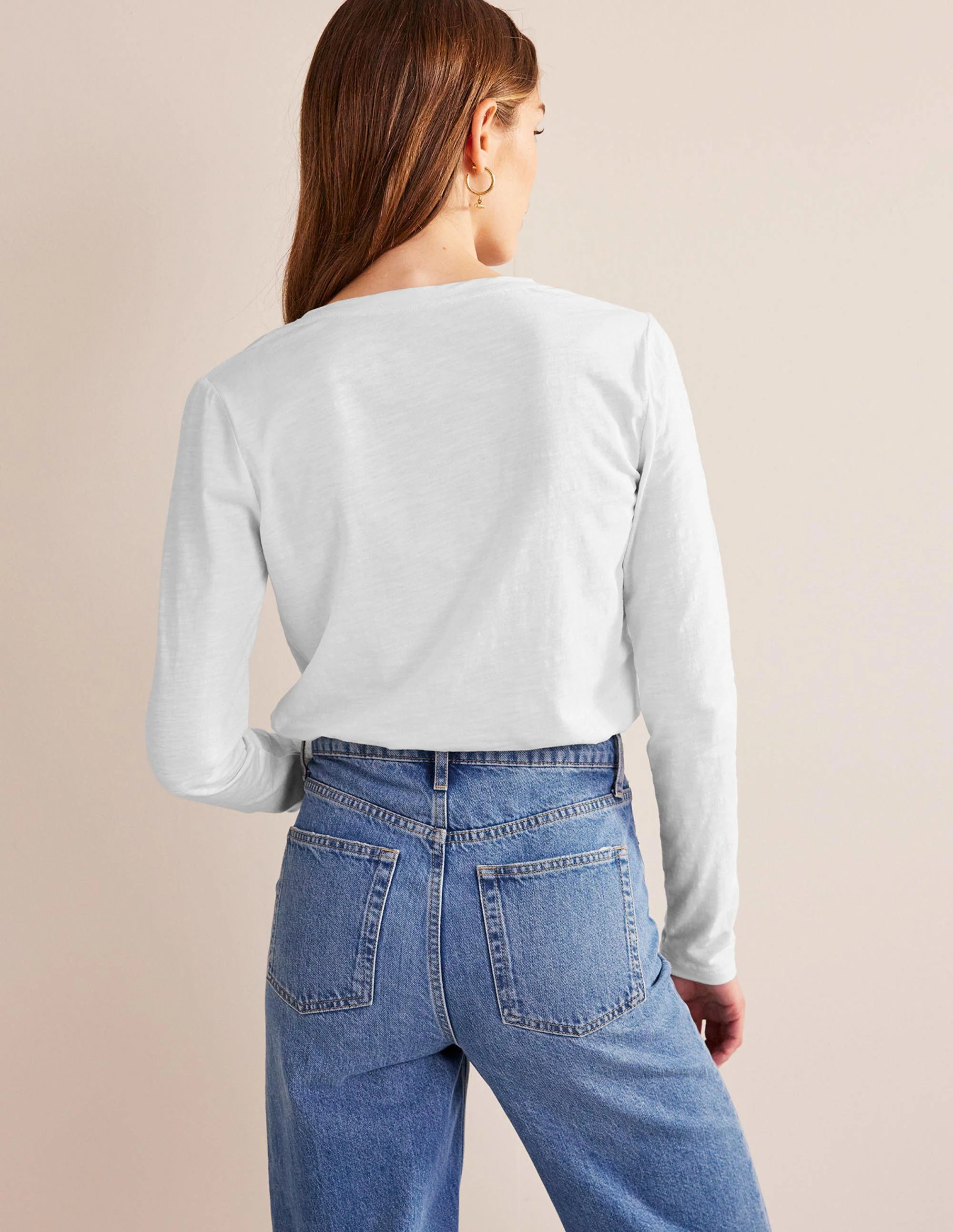 Cotton V-Neck Long Sleeve Top-White - Image 3