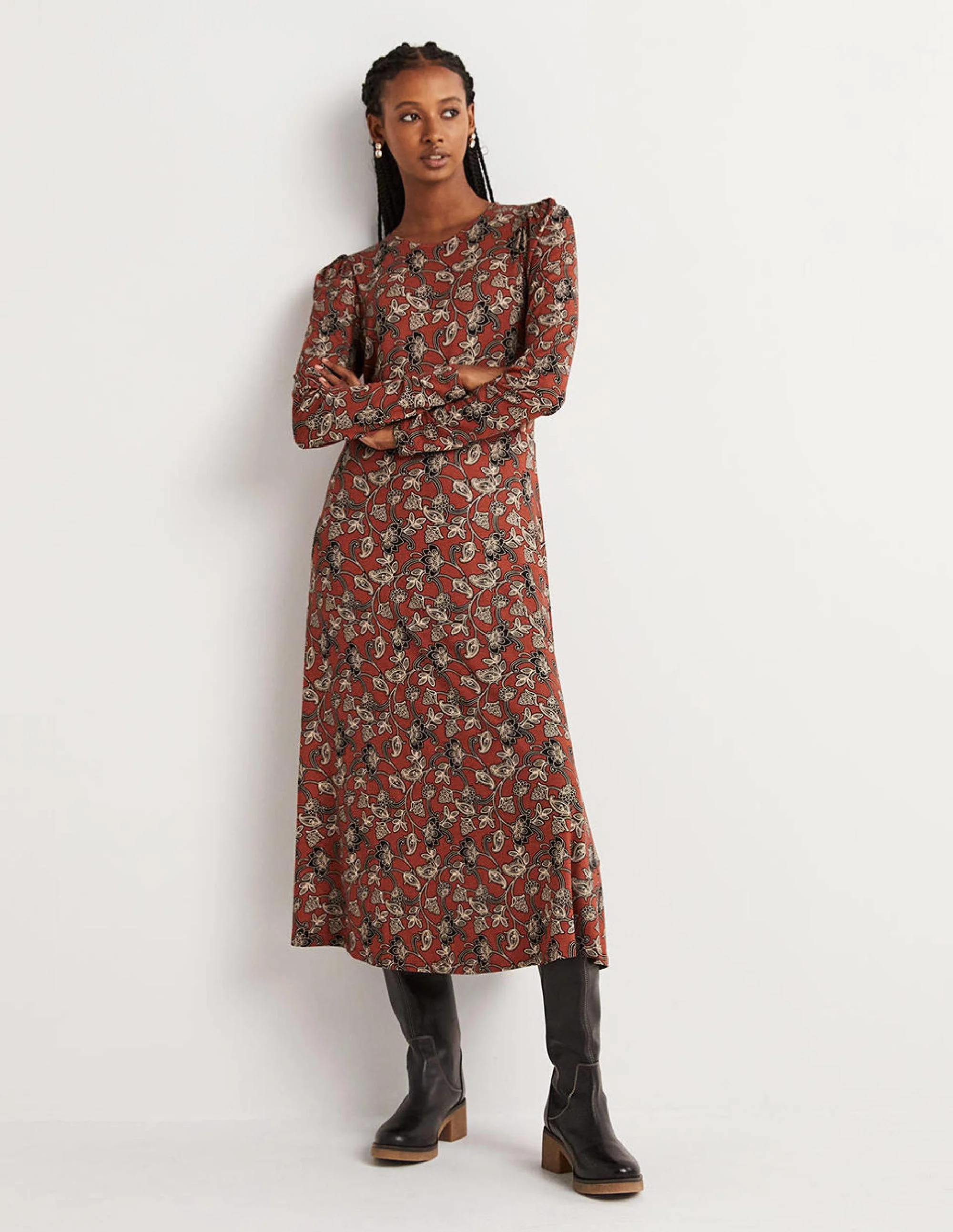 Crew Neck Jersey Midi Dress-Chili Oil, Paisley Whirl