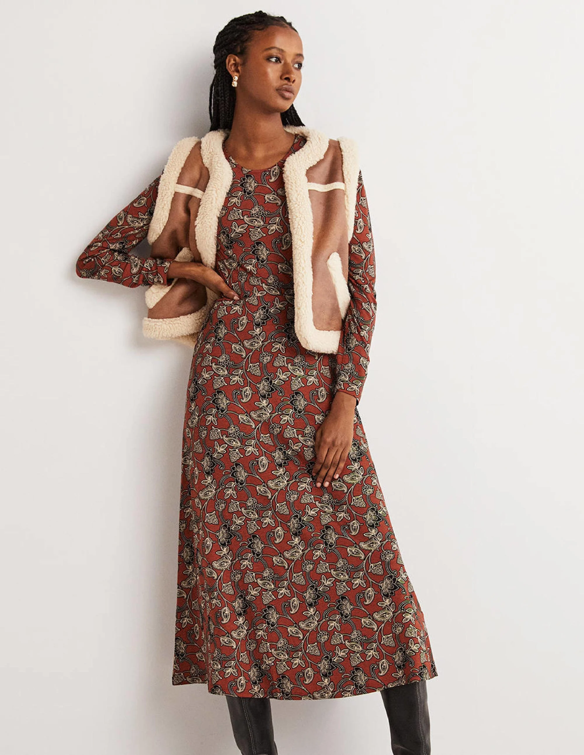 Crew Neck Jersey Midi Dress-Chili Oil, Paisley Whirl - Image 4