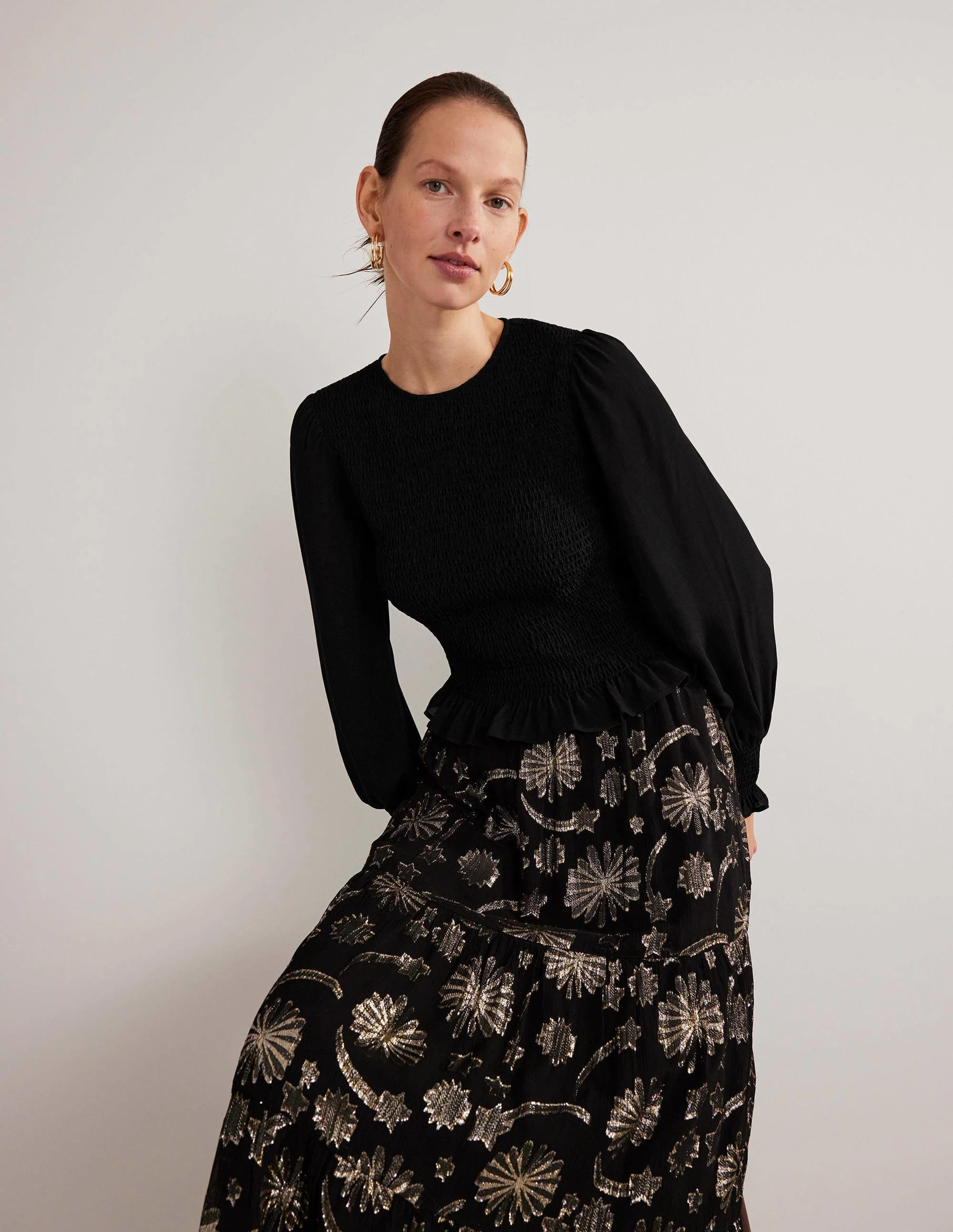 Crew Neck Smocked Bodice Top-Black