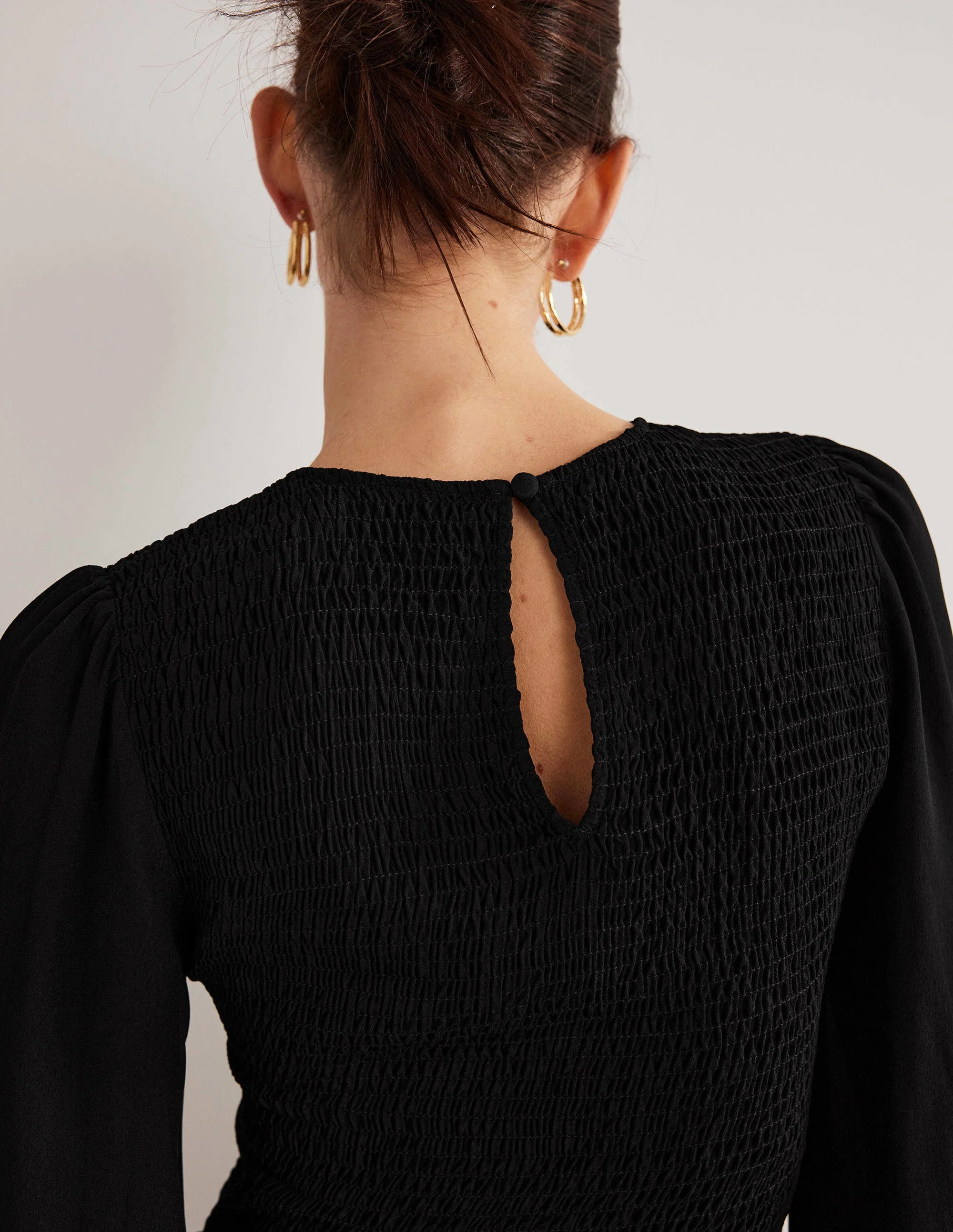 Crew Neck Smocked Bodice Top-Black - Image 2