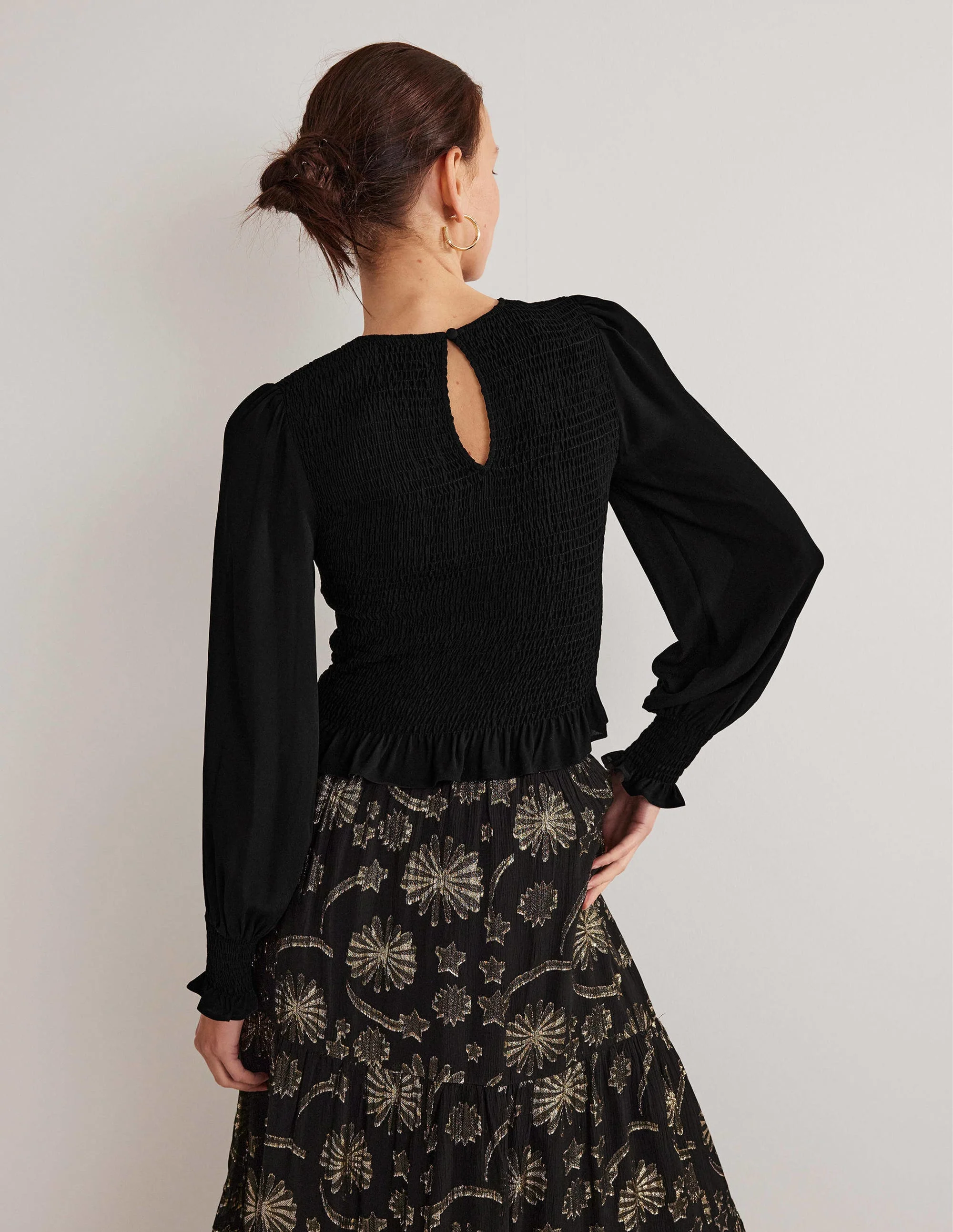 Crew Neck Smocked Bodice Top-Black - Image 3