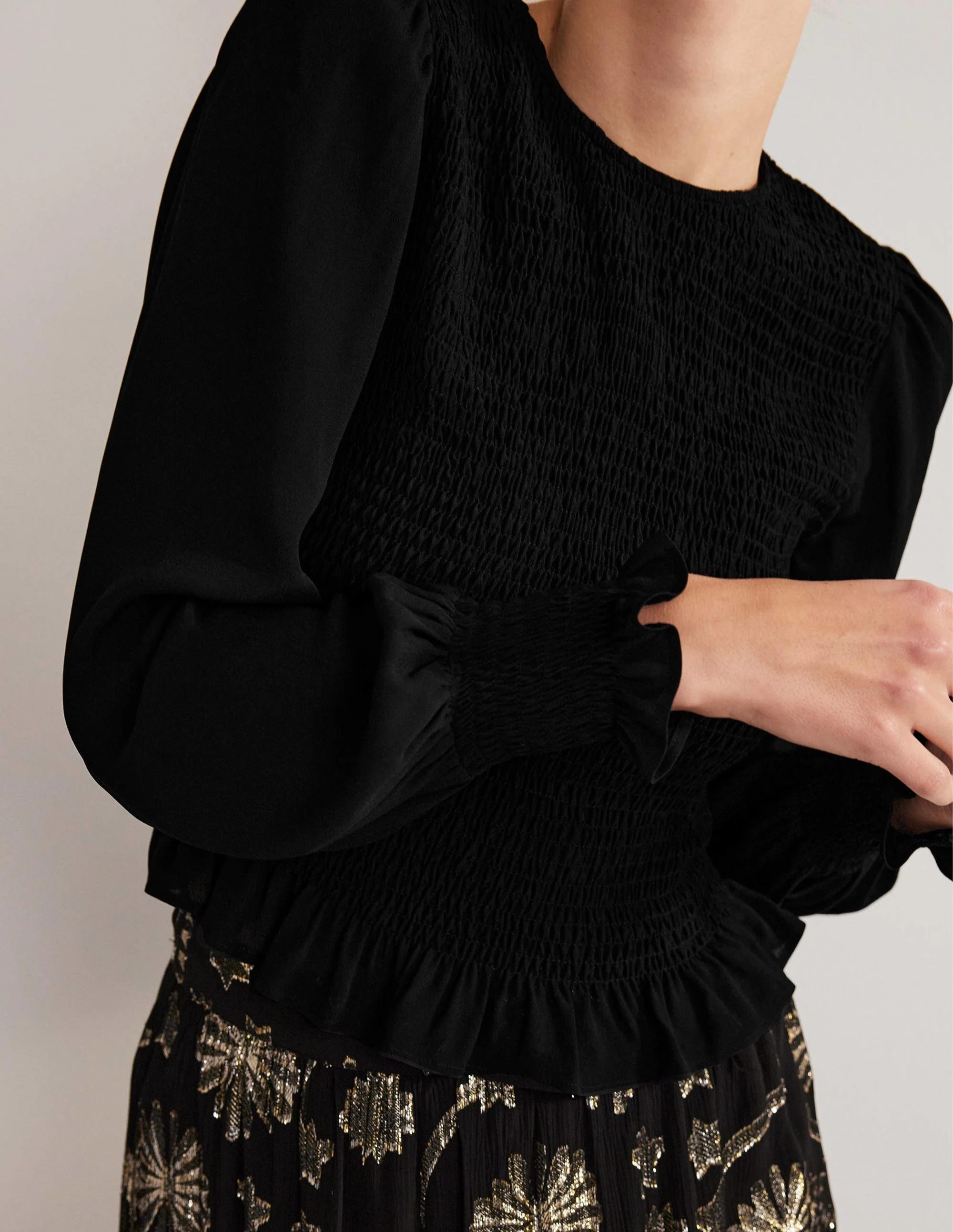 Crew Neck Smocked Bodice Top-Black - Image 4