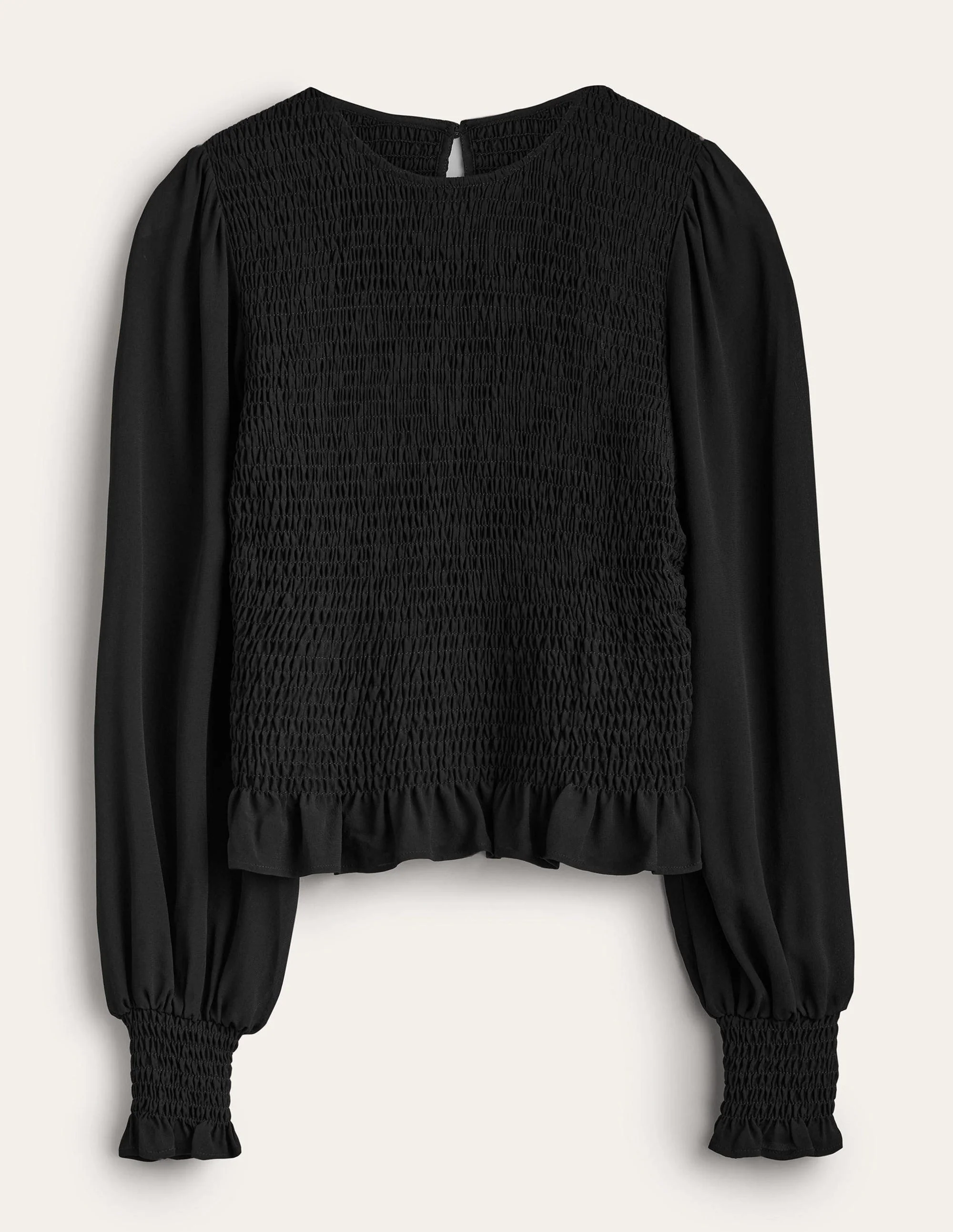 Crew Neck Smocked Bodice Top-Black - Image 6