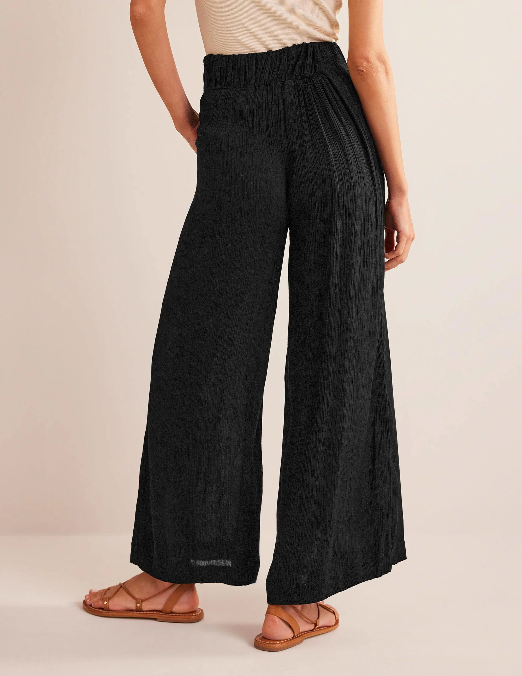 Crinkle Wide Leg Trousers-Black - Image 3