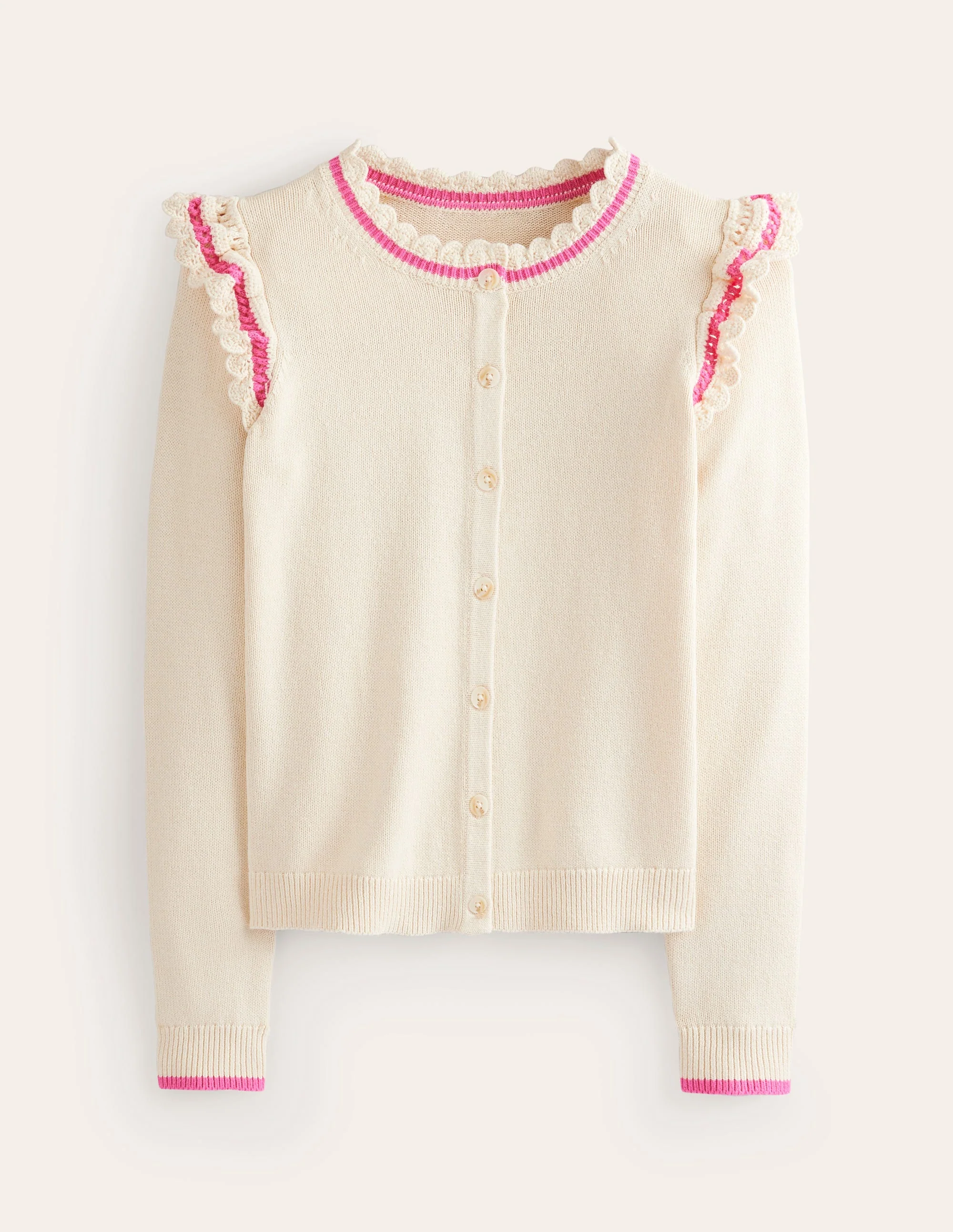 Crochet Frill Detail Cardigan-Warm Ivory - Image 5