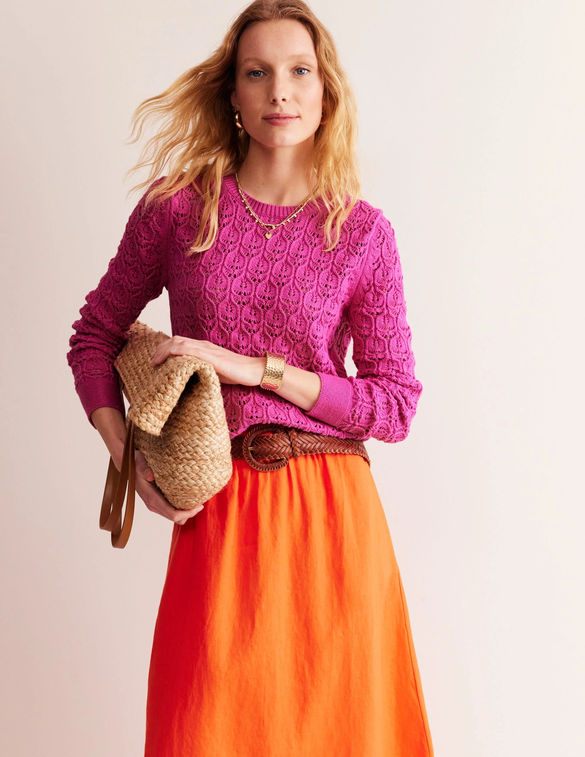 Crochet Knit Sweater-Cosmos Pink