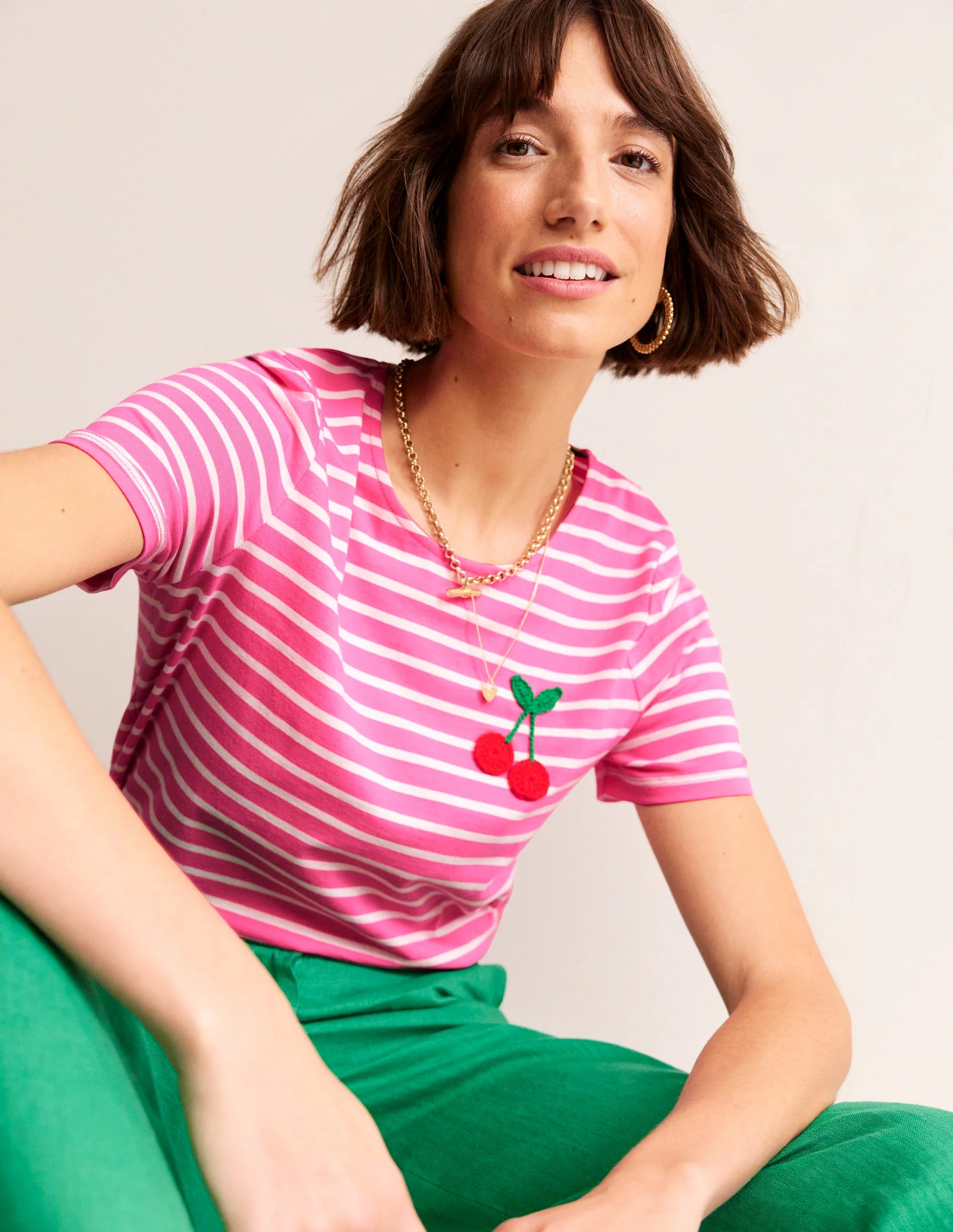 Crochet T-shirt-Pink, Ivory Cherries