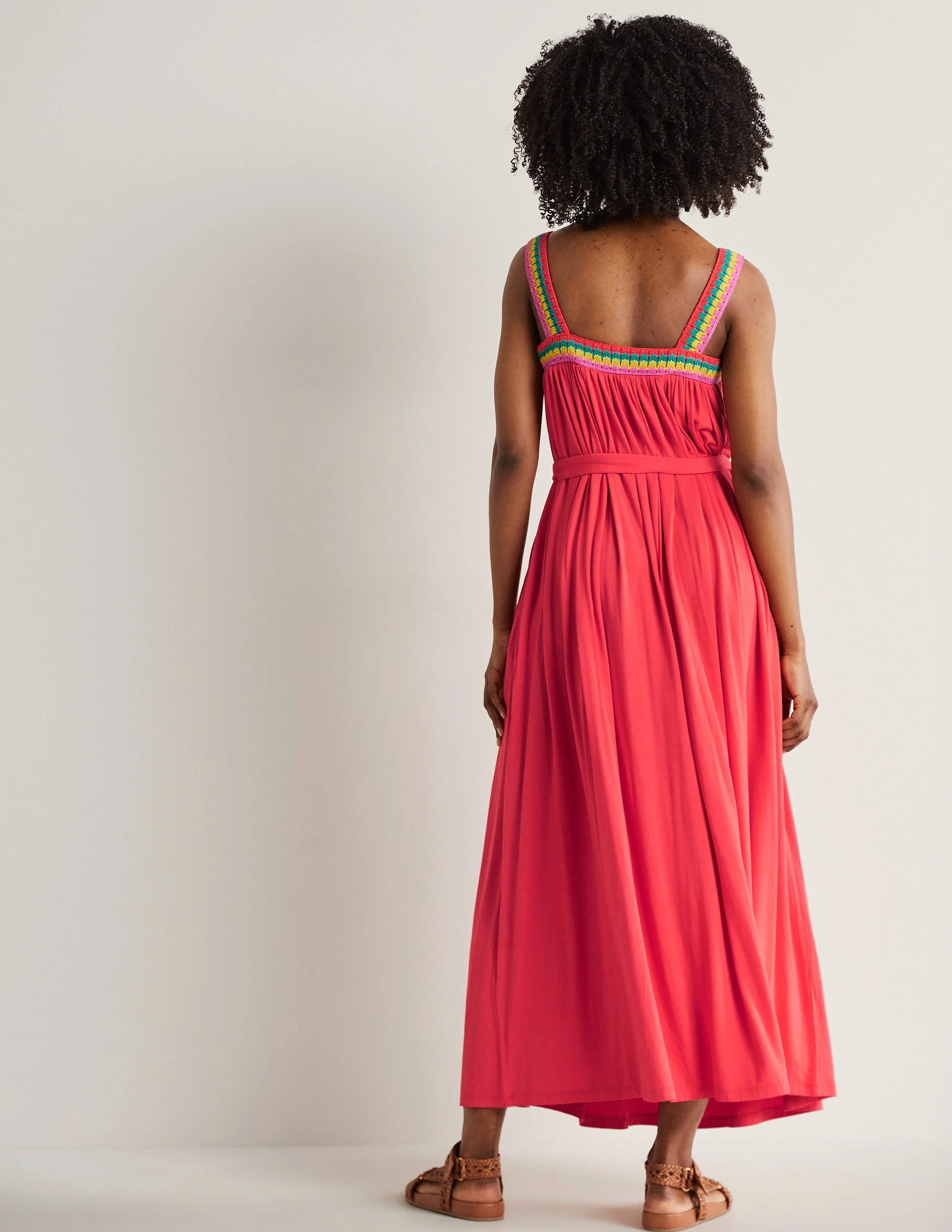 Crochet Trim Jersey Maxi Dress-Hot Coral - Image 3