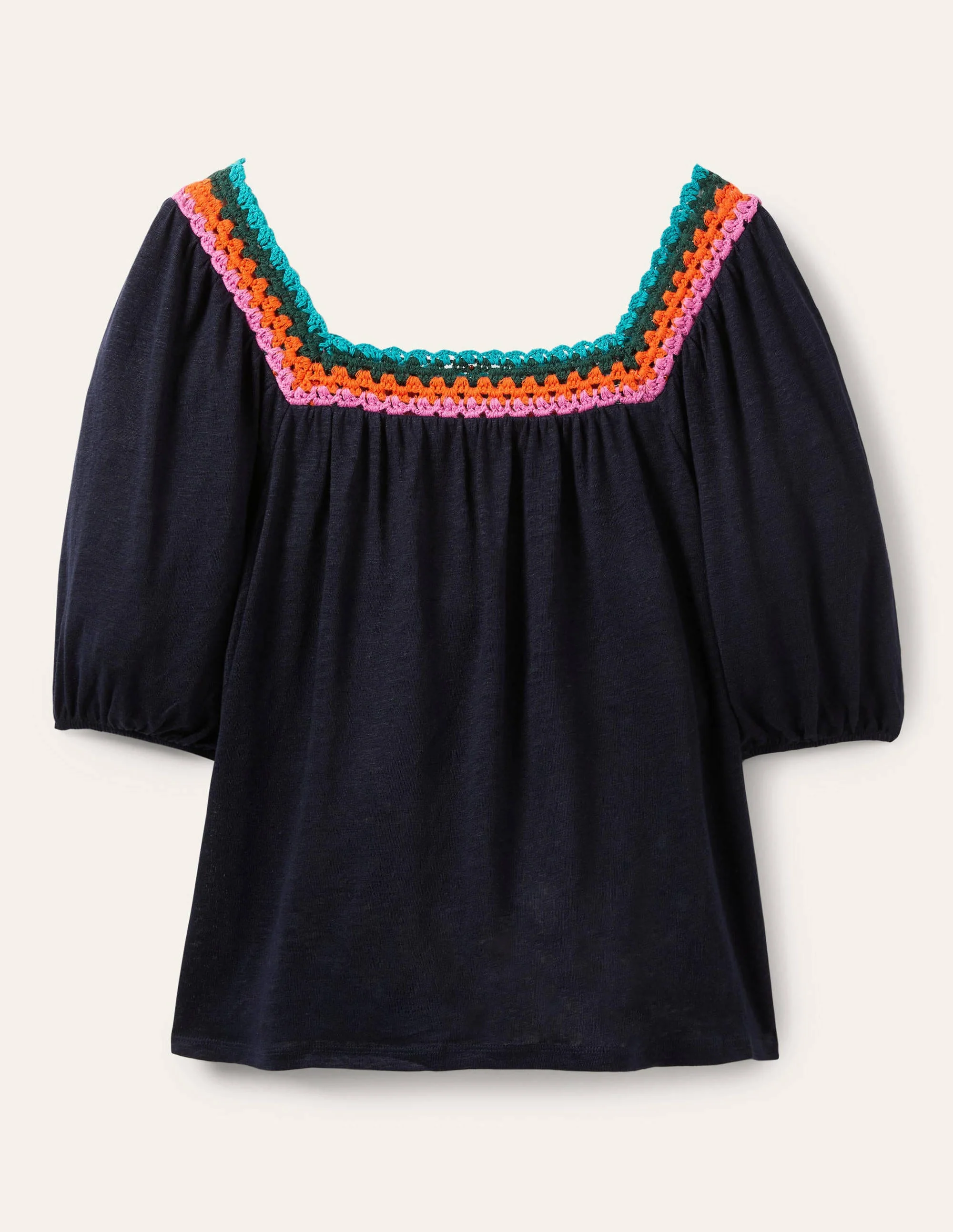 Crochet Trim Puff Sleeve Top-Navy - Image 5
