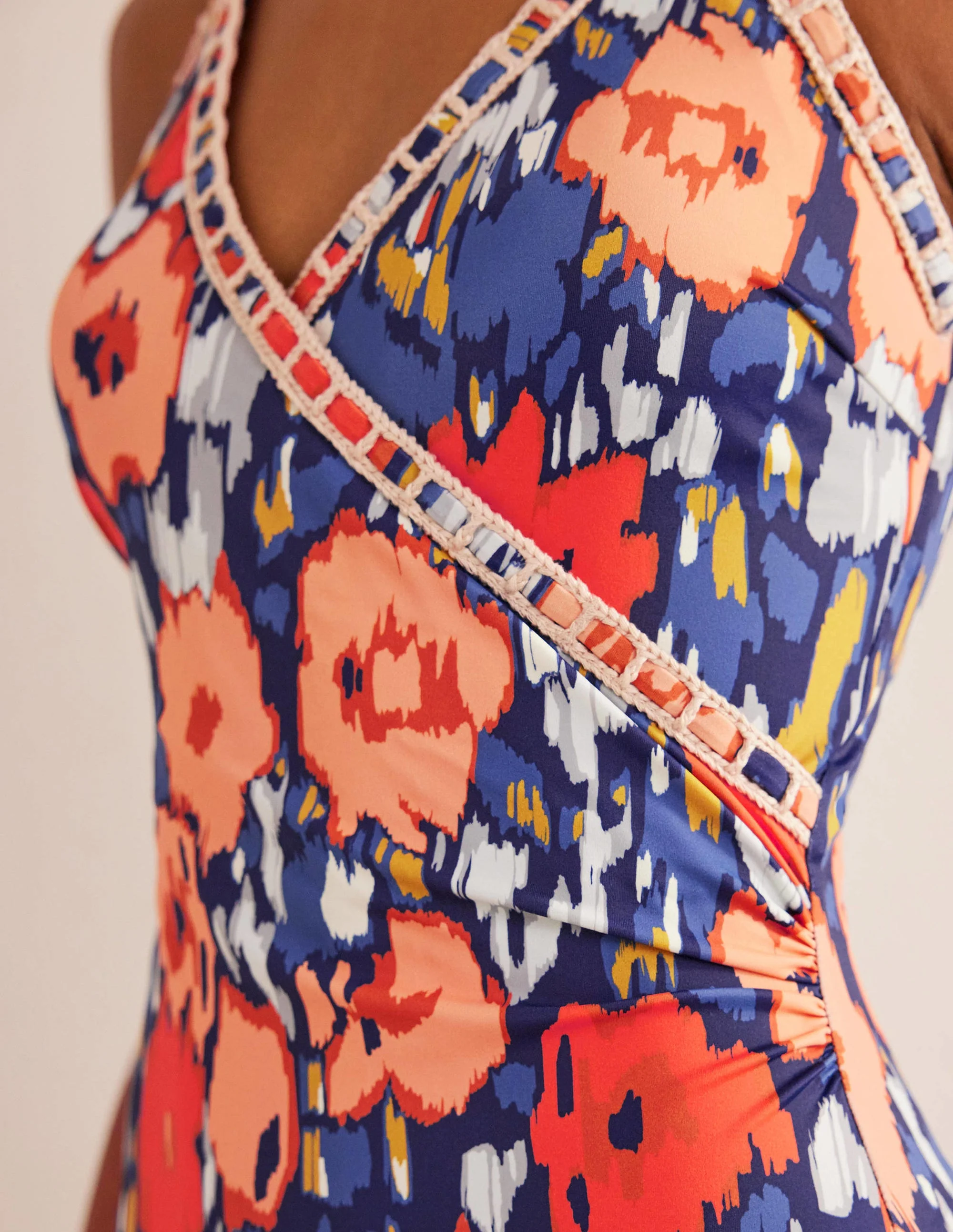 Crochet Trim Wrap Swimsuit-Navy, Abstract Poppy - Image 4