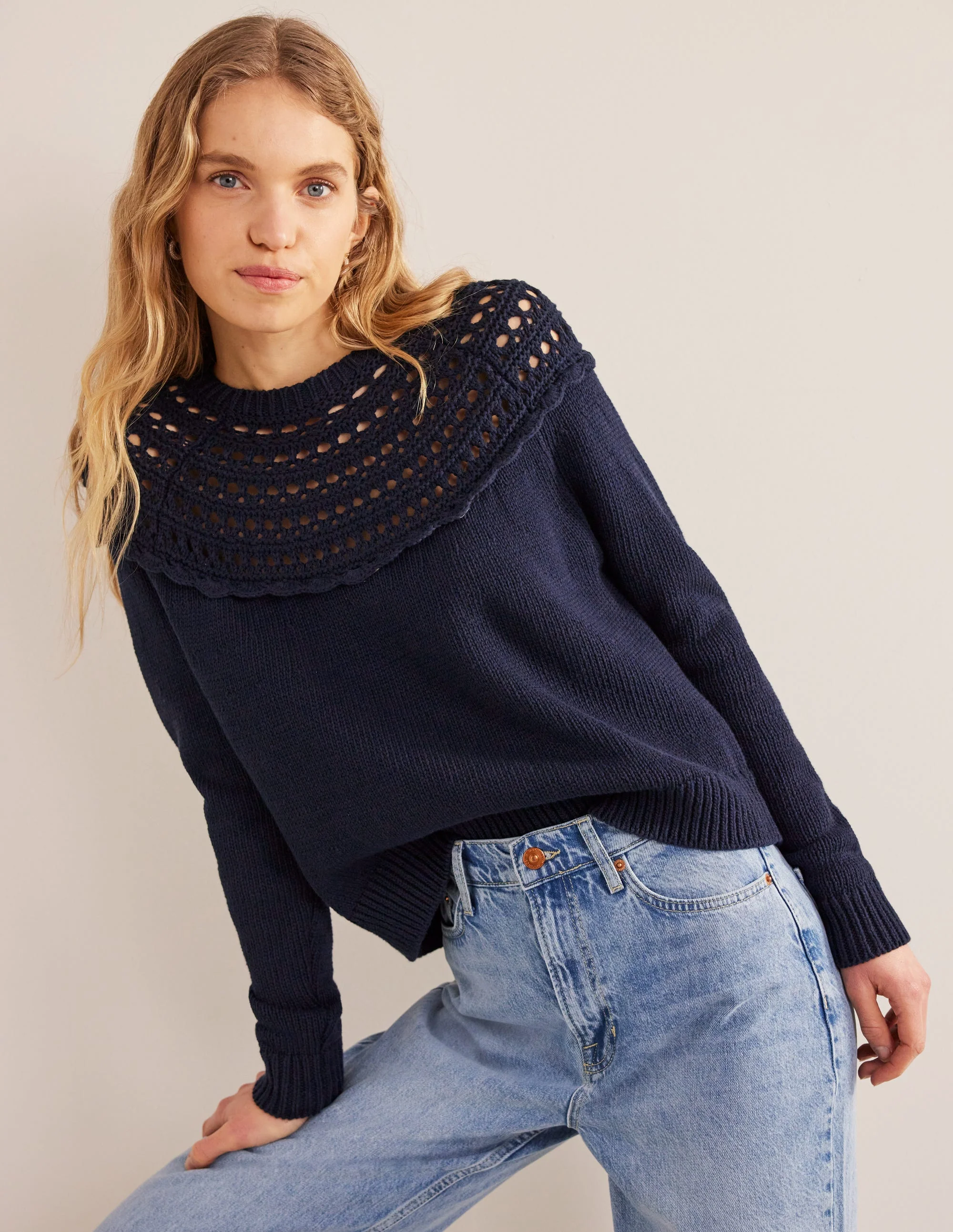 Crochet Yoke Sweater-Navy