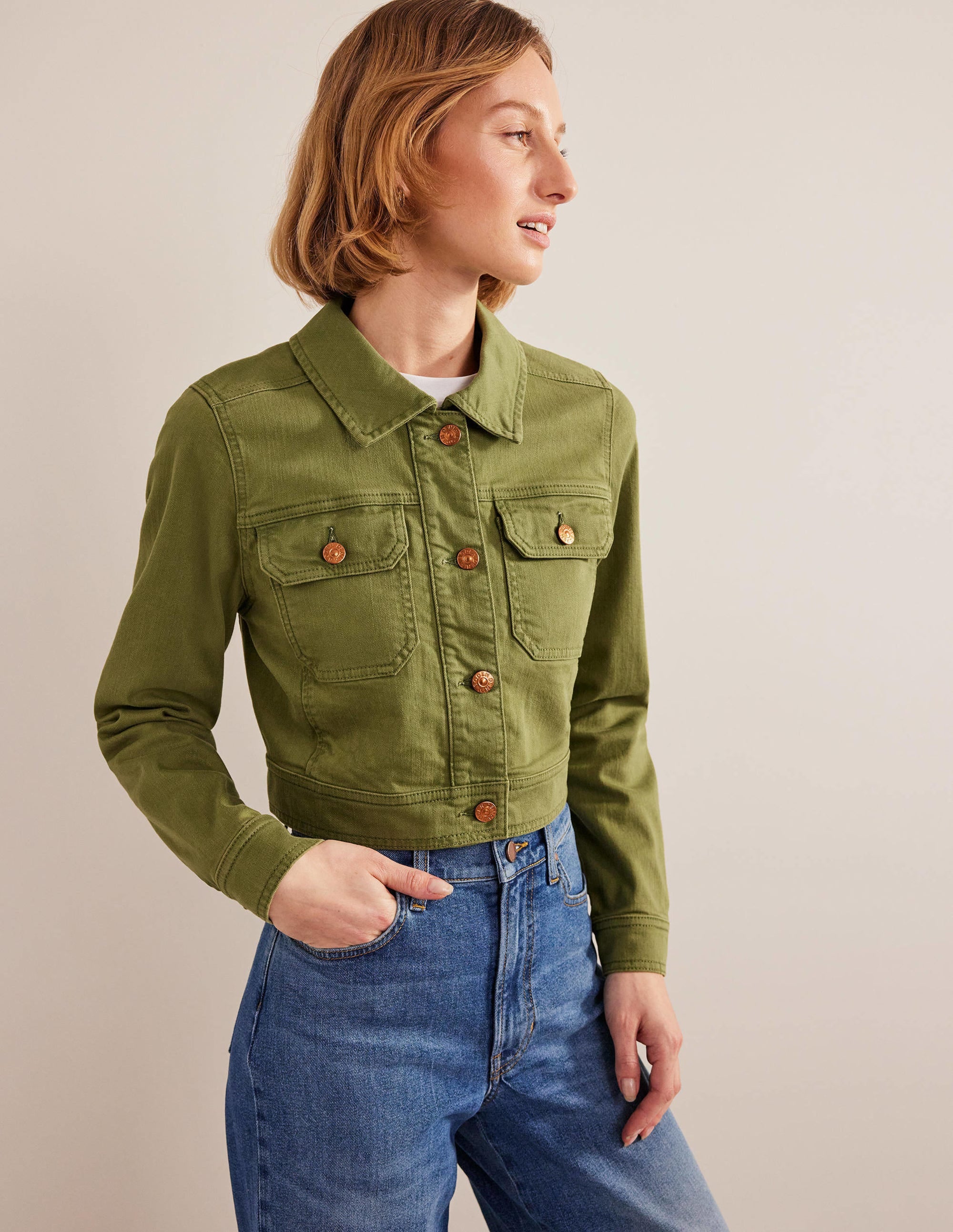 Cropped Casual Cotton Jacket-Green - Image 4
