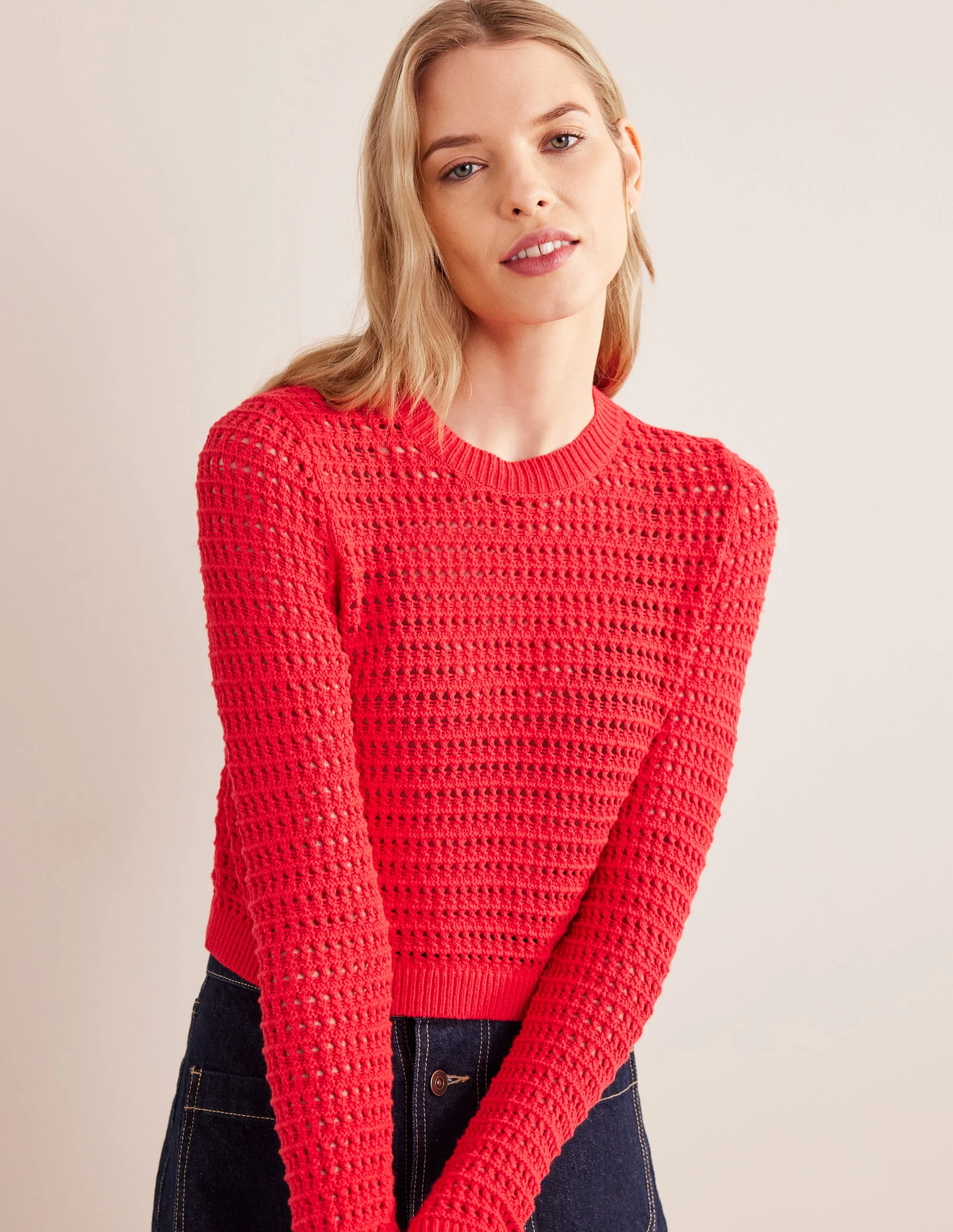 Cropped Crochet Sweater-High Risk Red