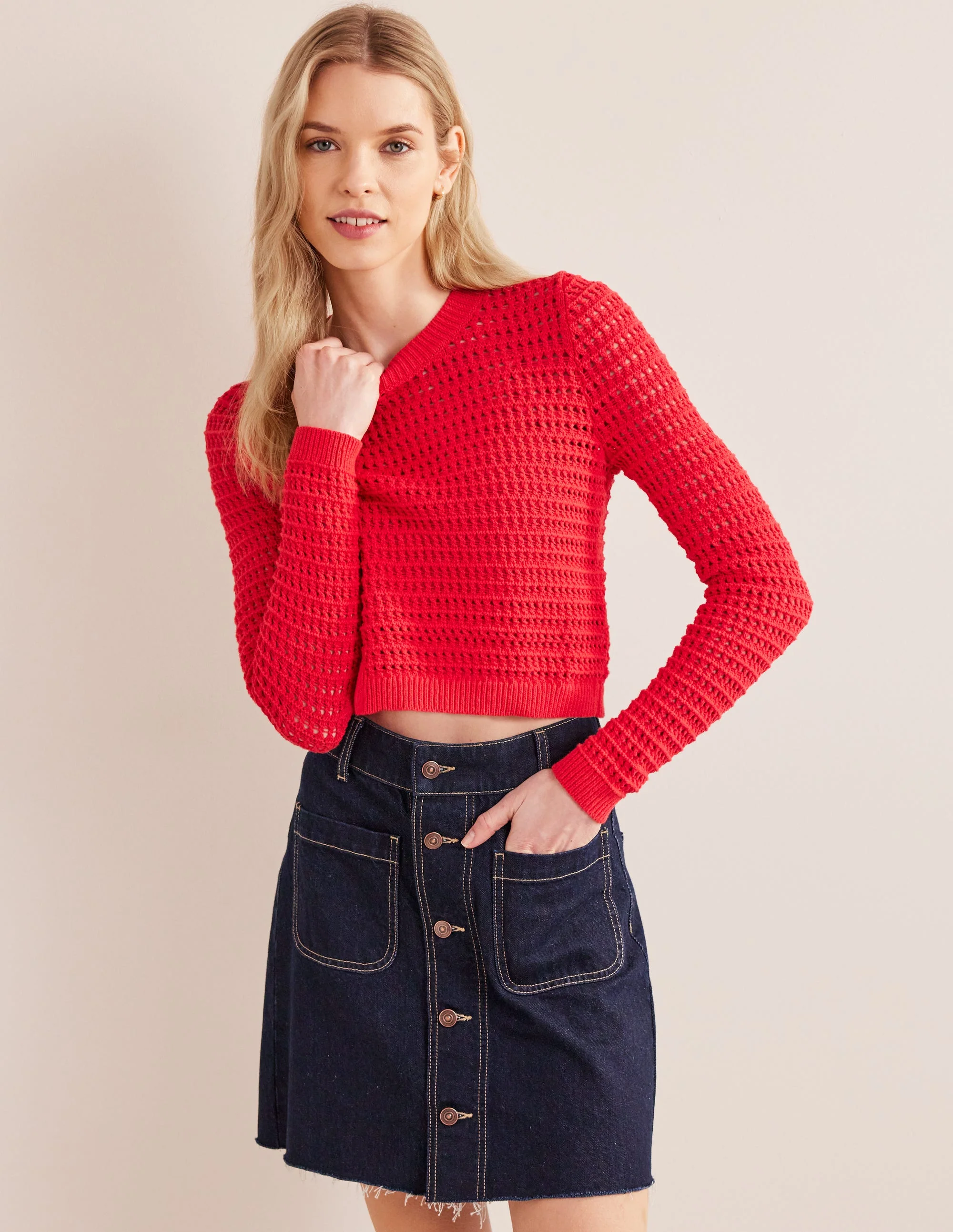 Cropped Crochet Sweater-High Risk Red - Image 4