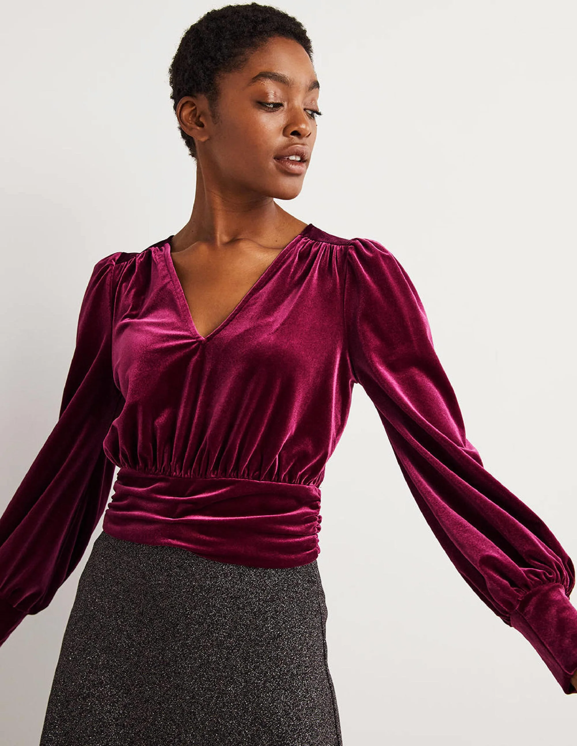 Cropped Velvet Blouson Top-Mulled Wine Purple - Image 4