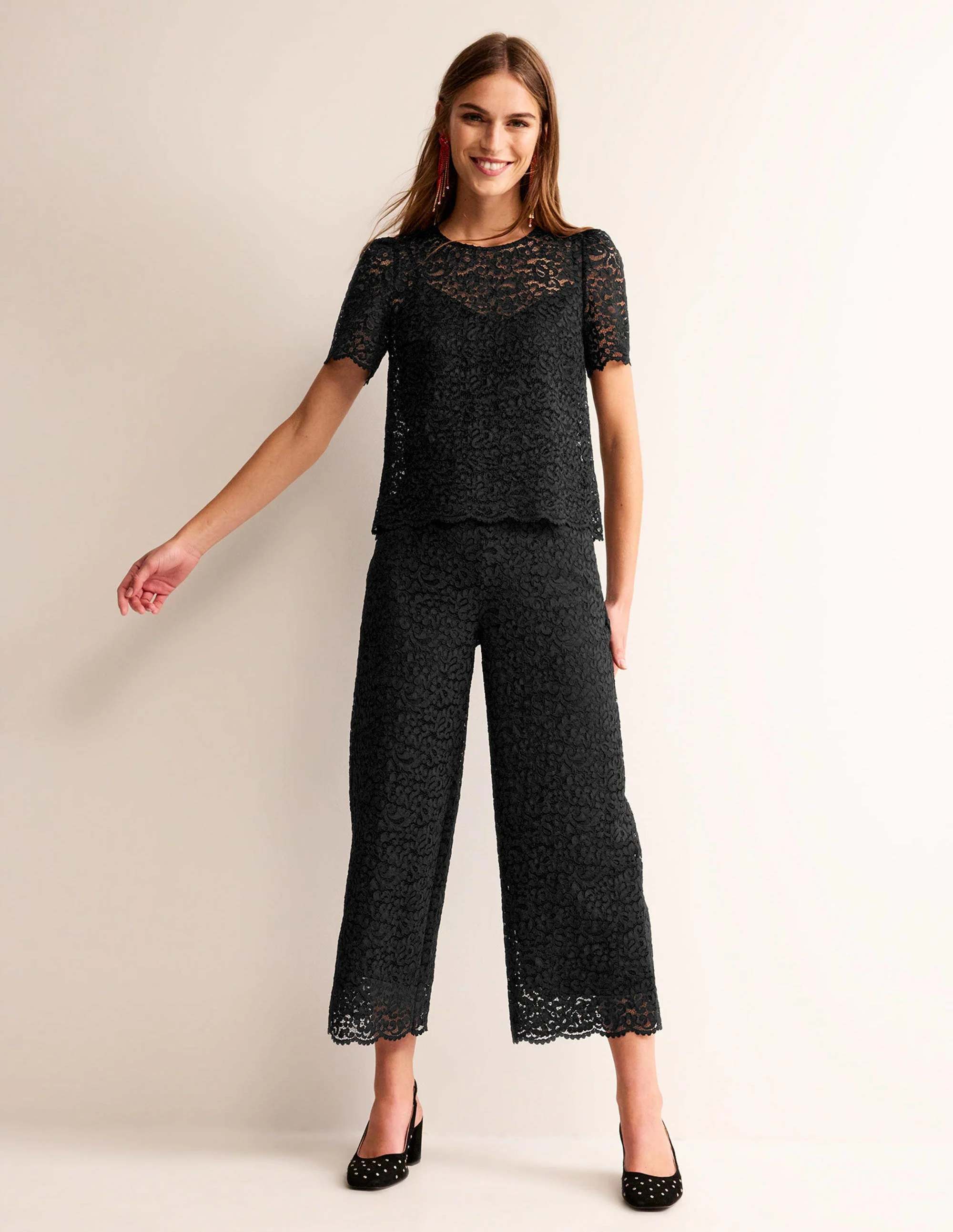 Cropped Wide-Leg Lace Pants-Black