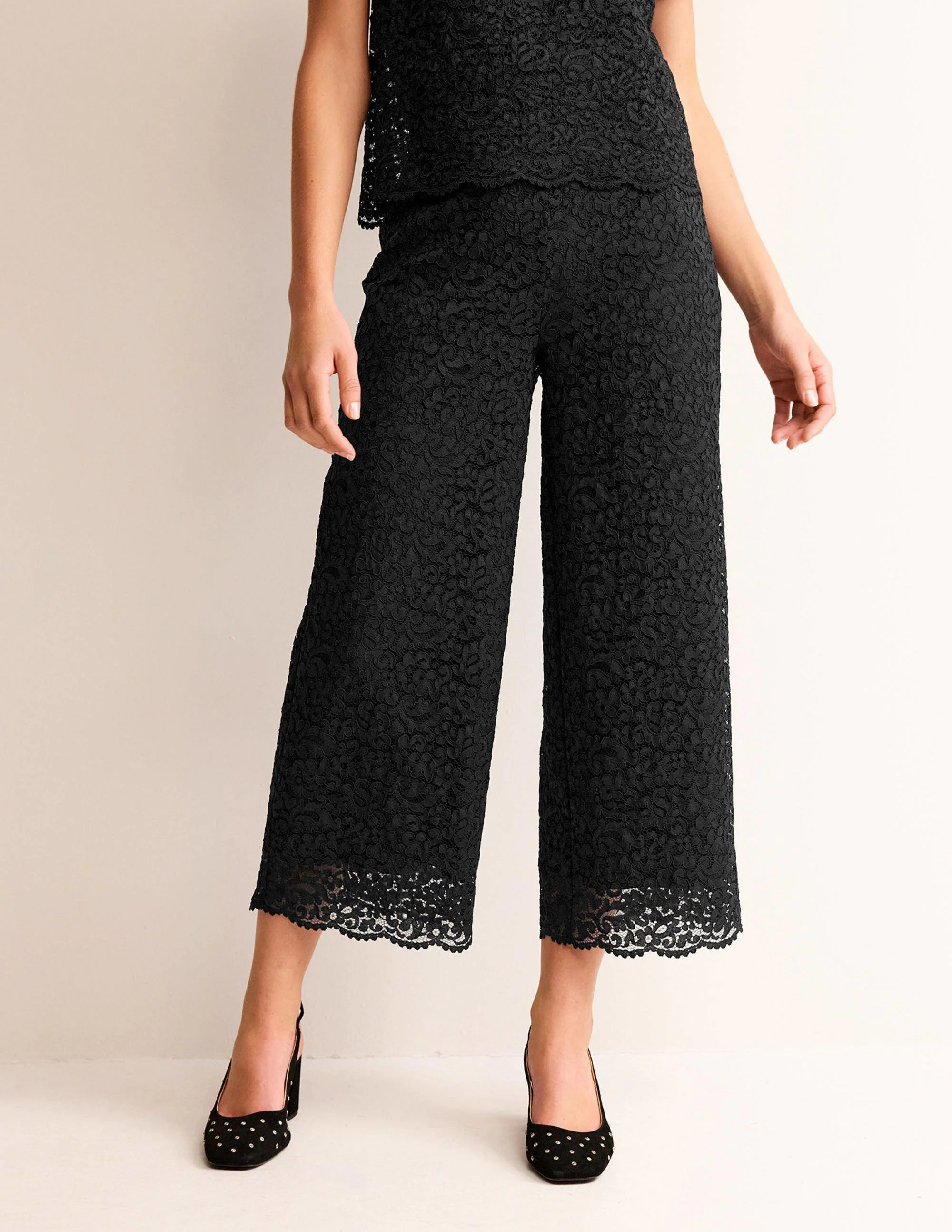 Cropped Wide-Leg Lace Pants-Black - Image 3