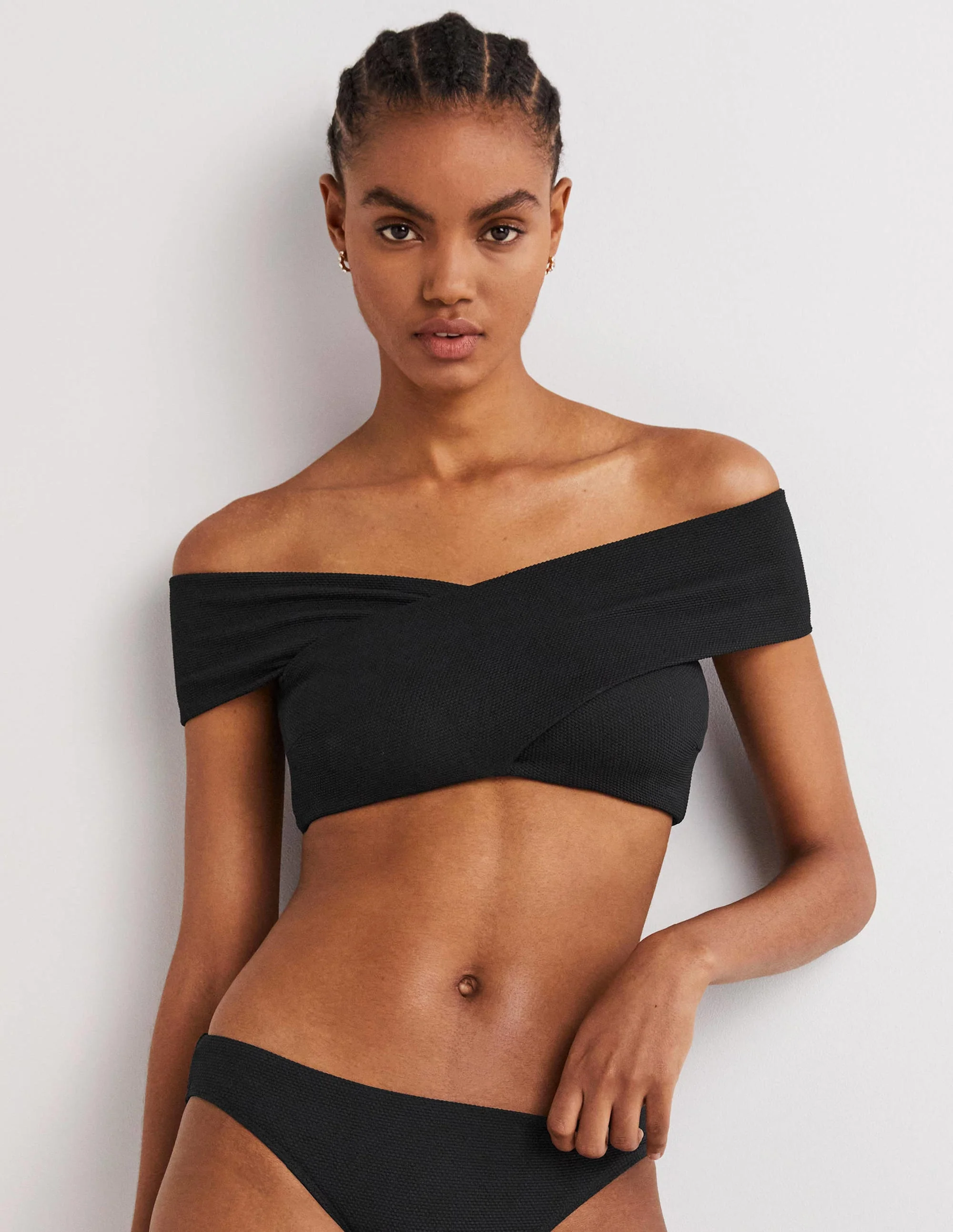Cross Front Bardot Bikini Top-Textured Black