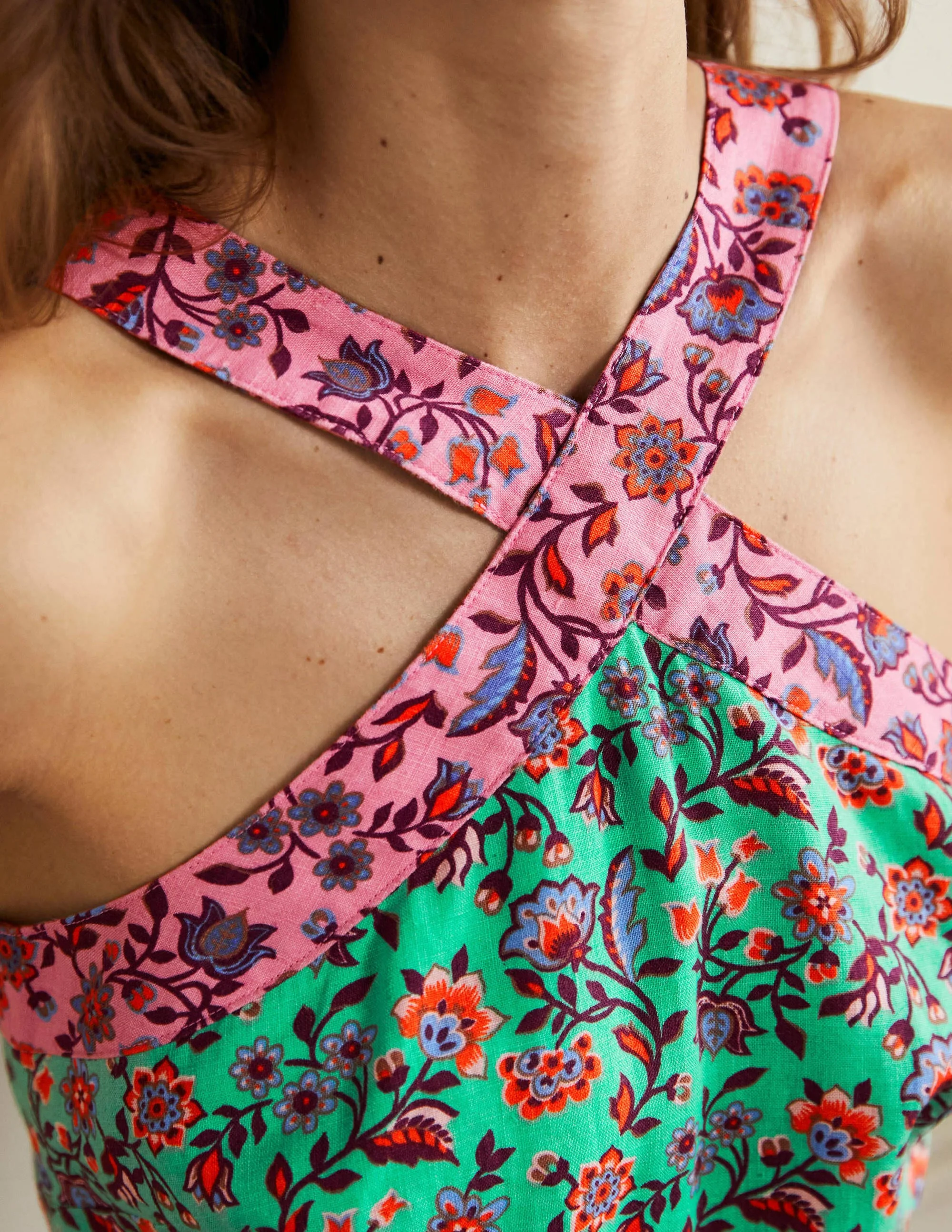 Cross Over Linen Jumpsuit-Green Lagoon, Oriental Meadow - Image 2