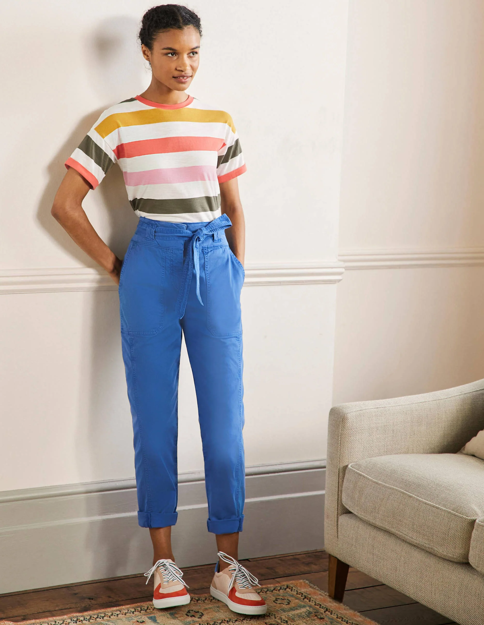 Cuff Strap Tie Pants-Atlantic Ocean Blue