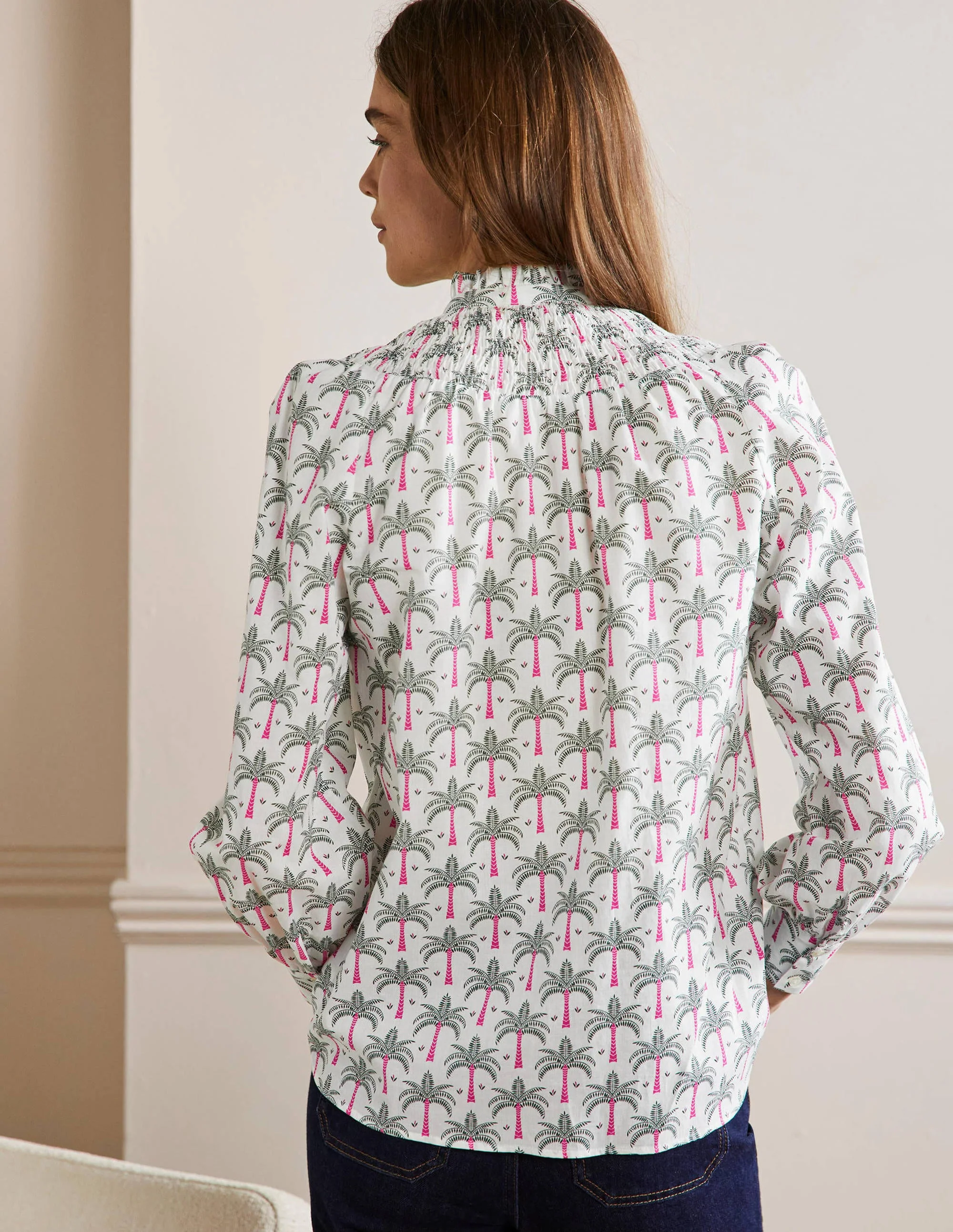 Curved Yoke Smocked Shirt-Ivory, Paradise Palm - Image 3