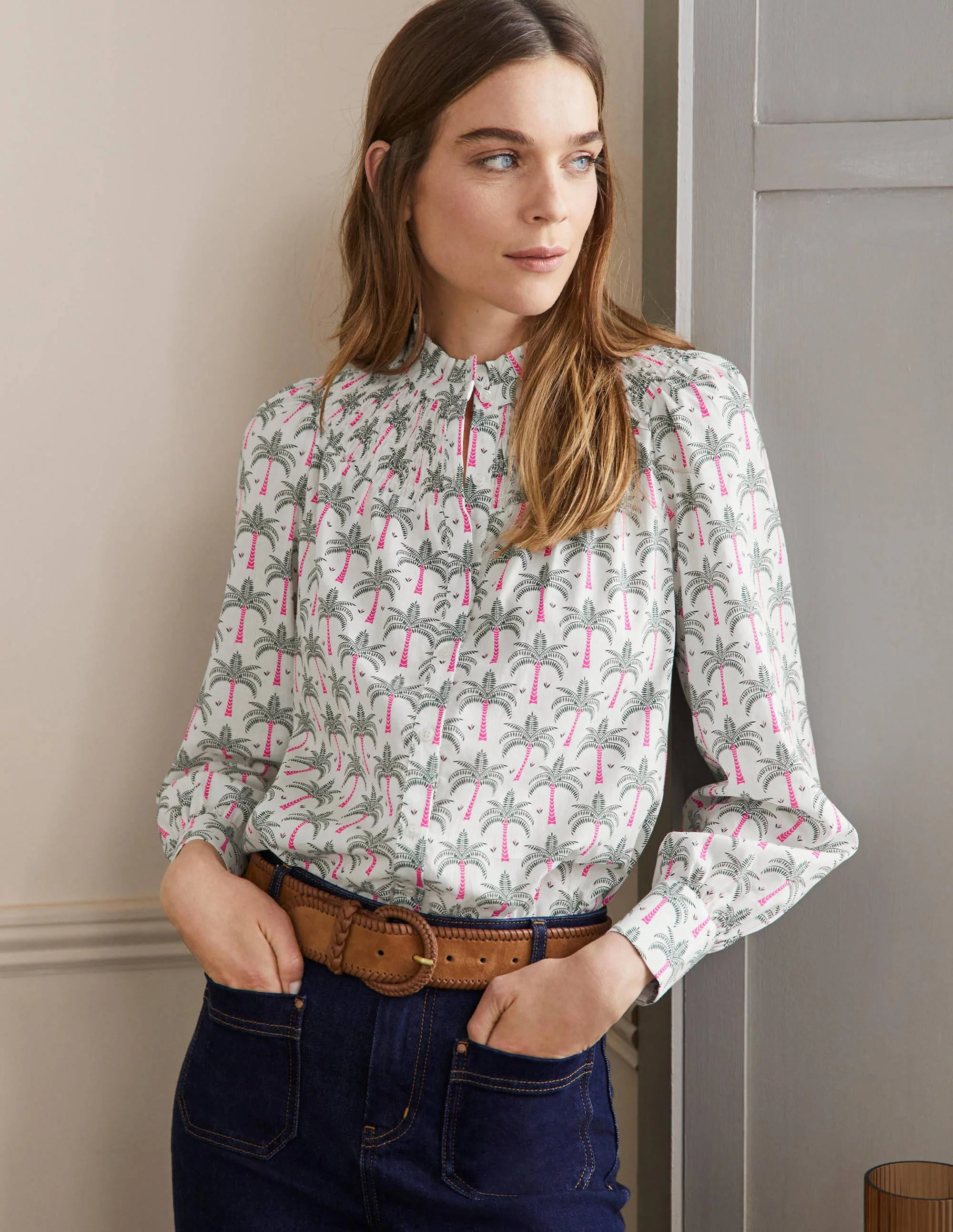 Curved Yoke Smocked Shirt-Ivory, Paradise Palm - Image 4