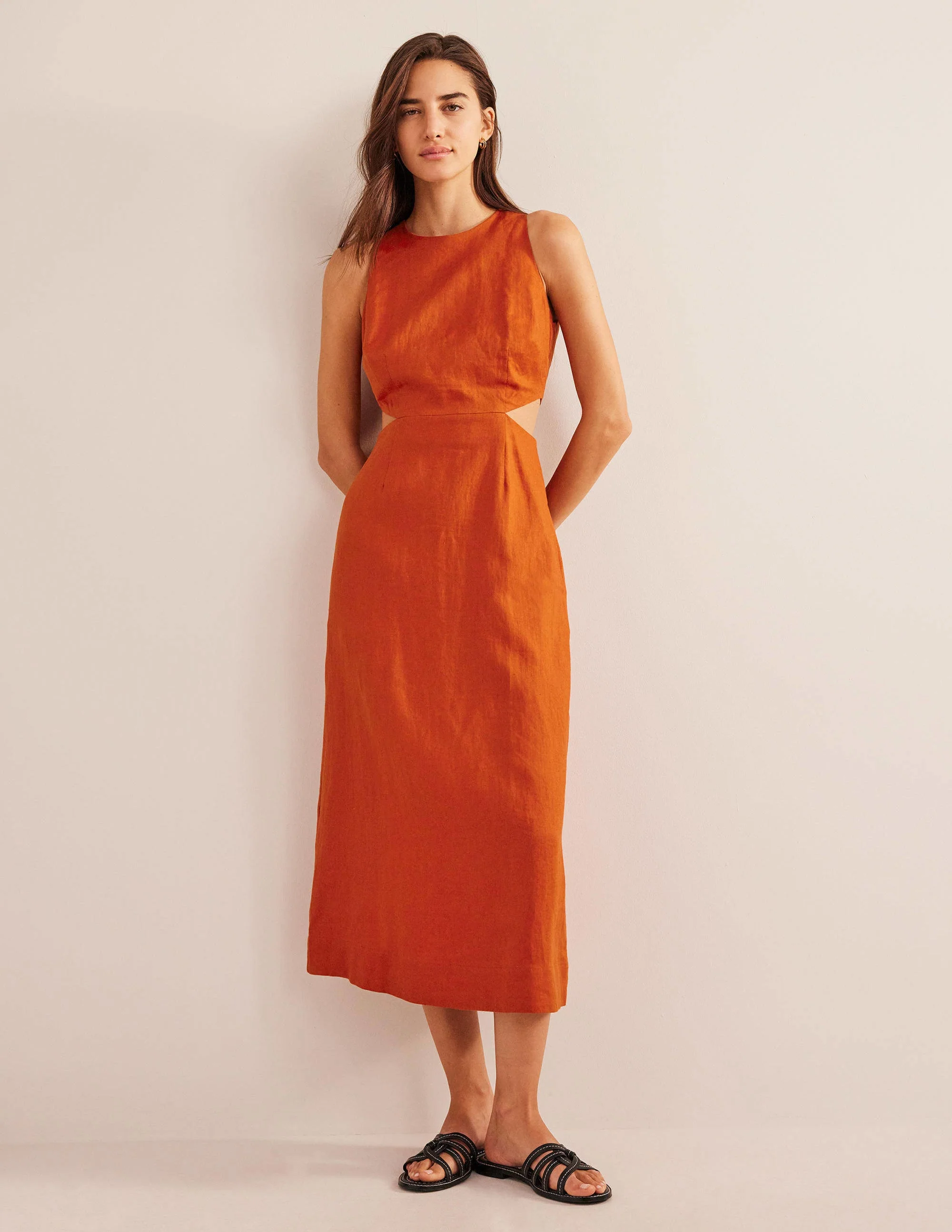 Cut Out Linen Midi Dress-Rust - Image 3
