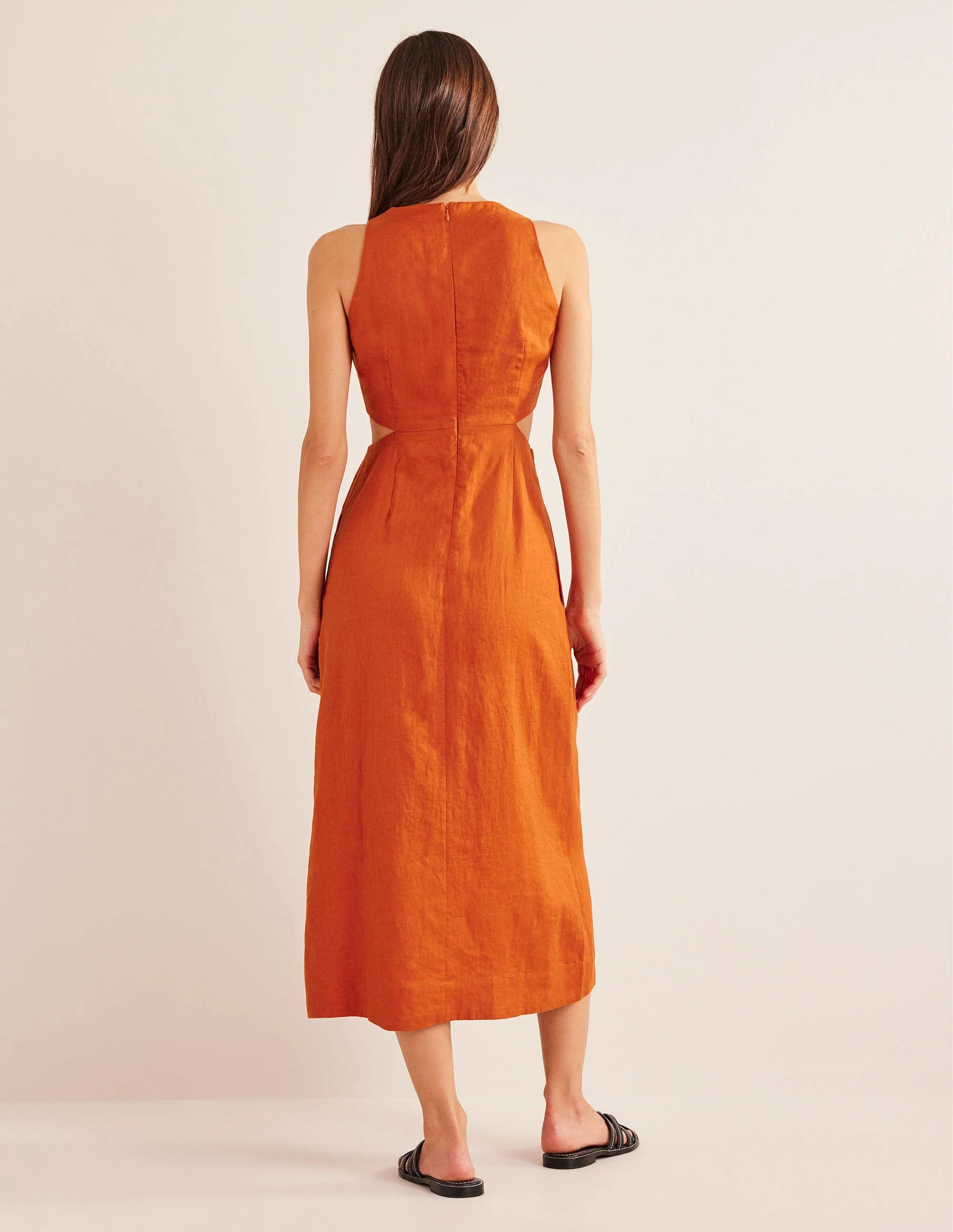 Cut Out Linen Midi Dress-Rust - Image 4