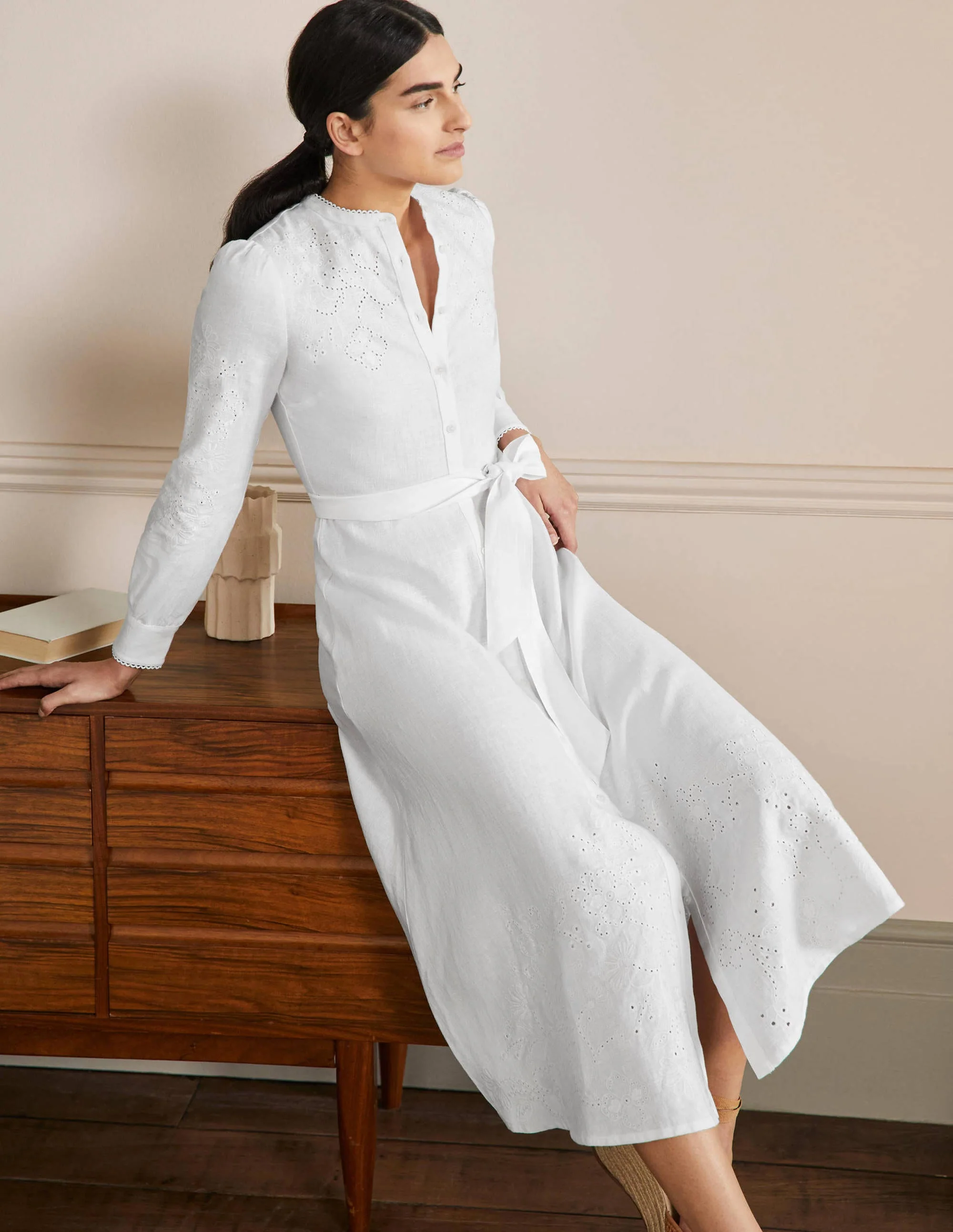Cut Work Midi Shirt Dress-White