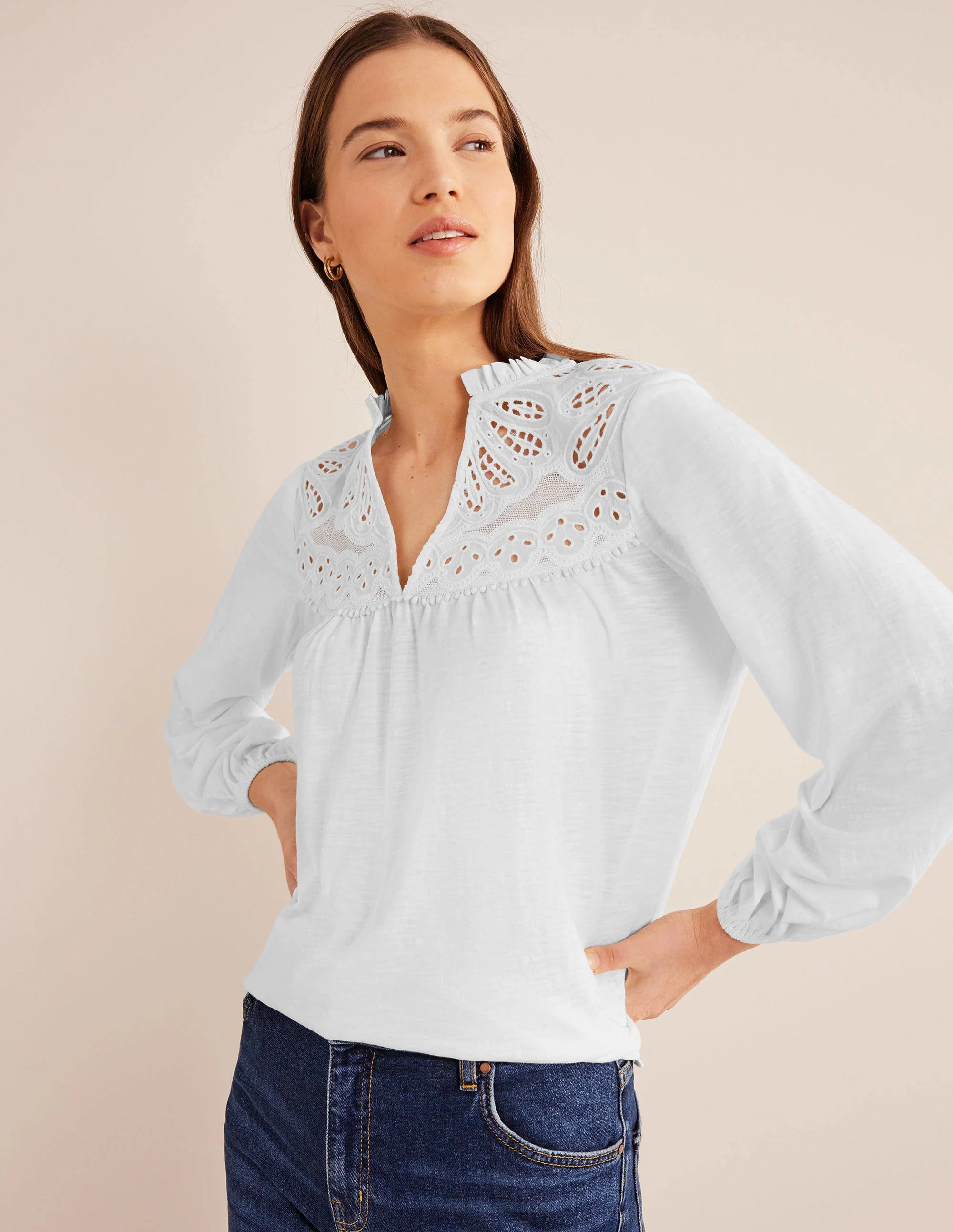 Cut Work Yoke Textured Top-White