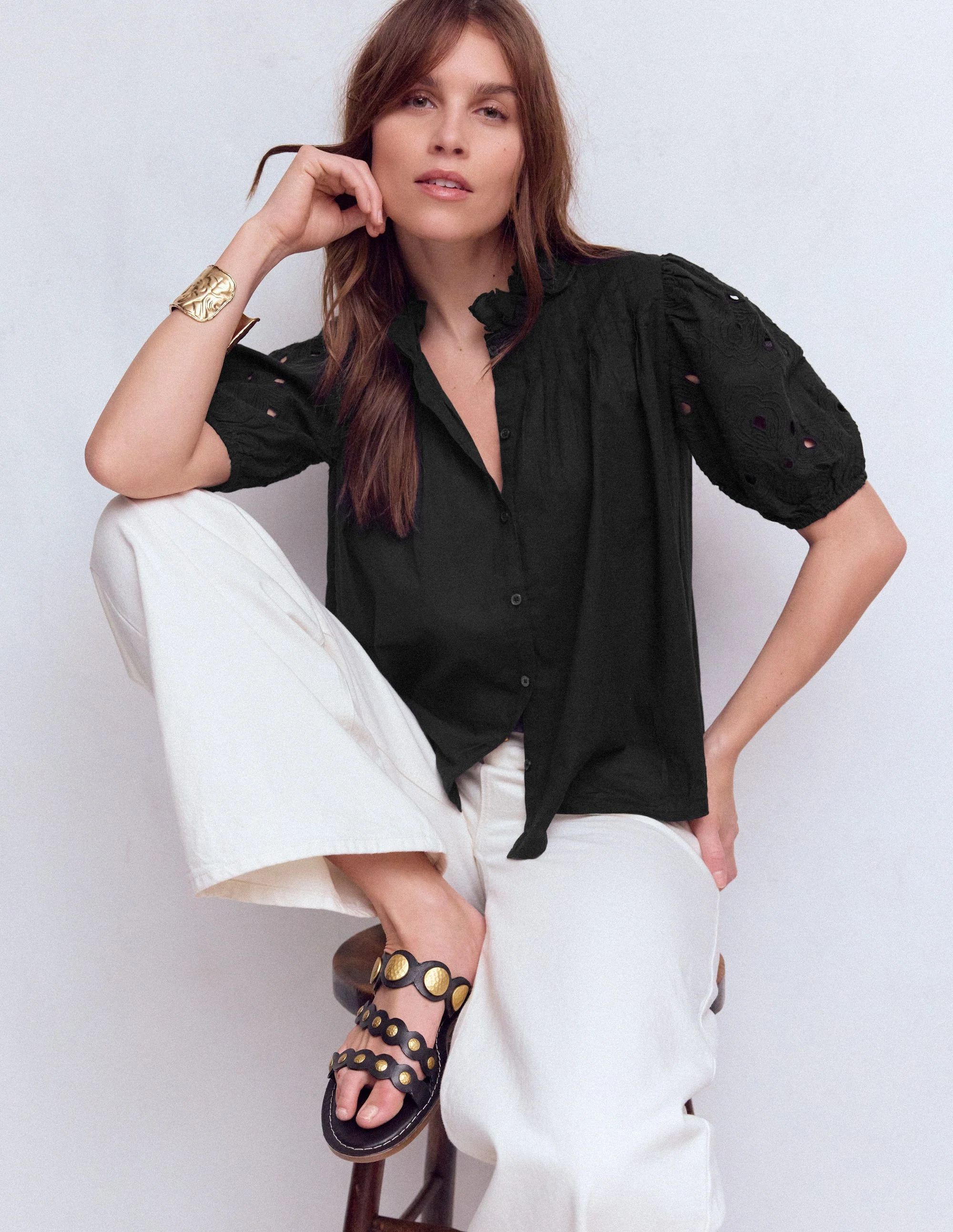 Cutwork Puff Sleeve Top-Black