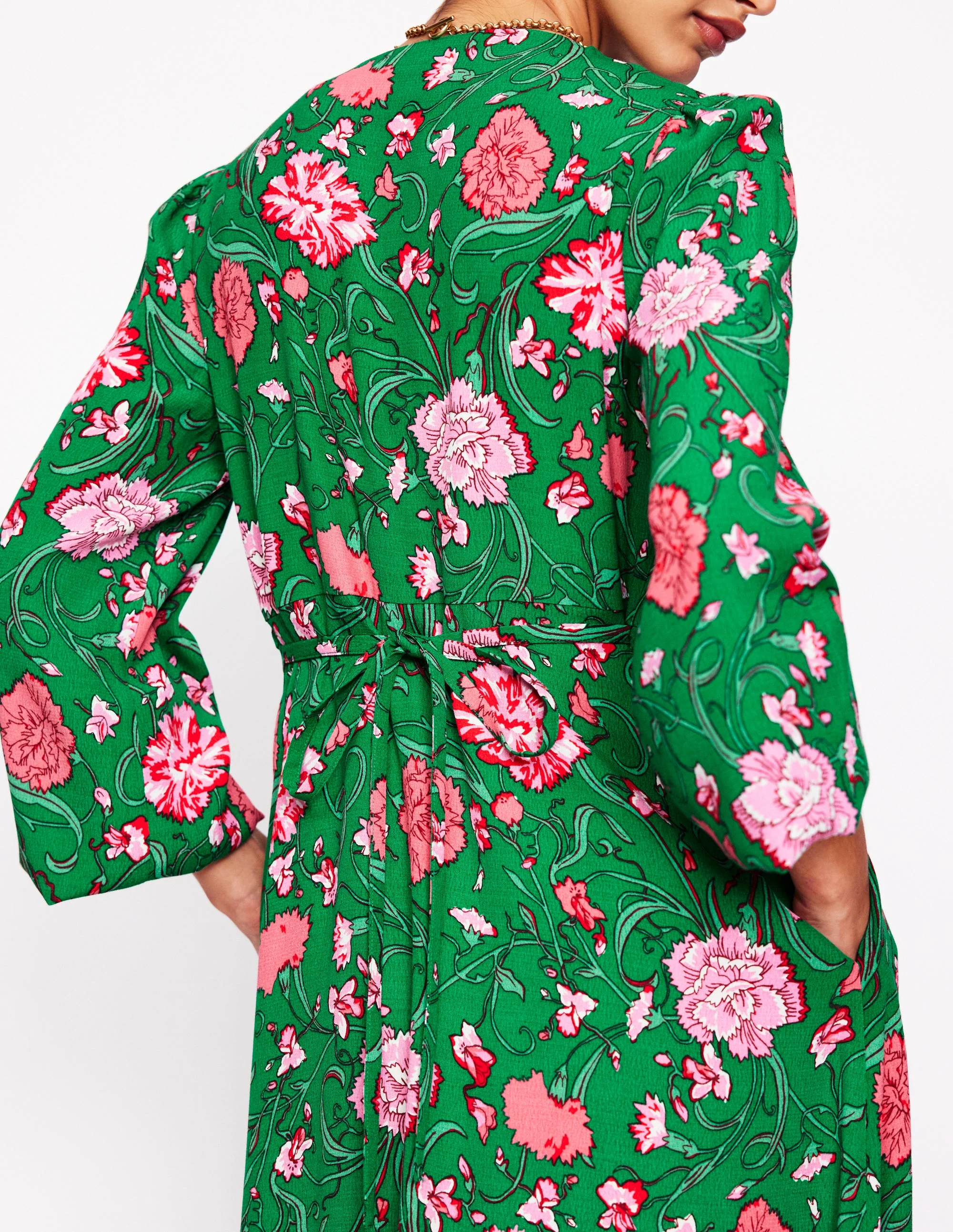 Cynthia Button Tea Dress-Rich Emerald, Carnation Vine - Image 5