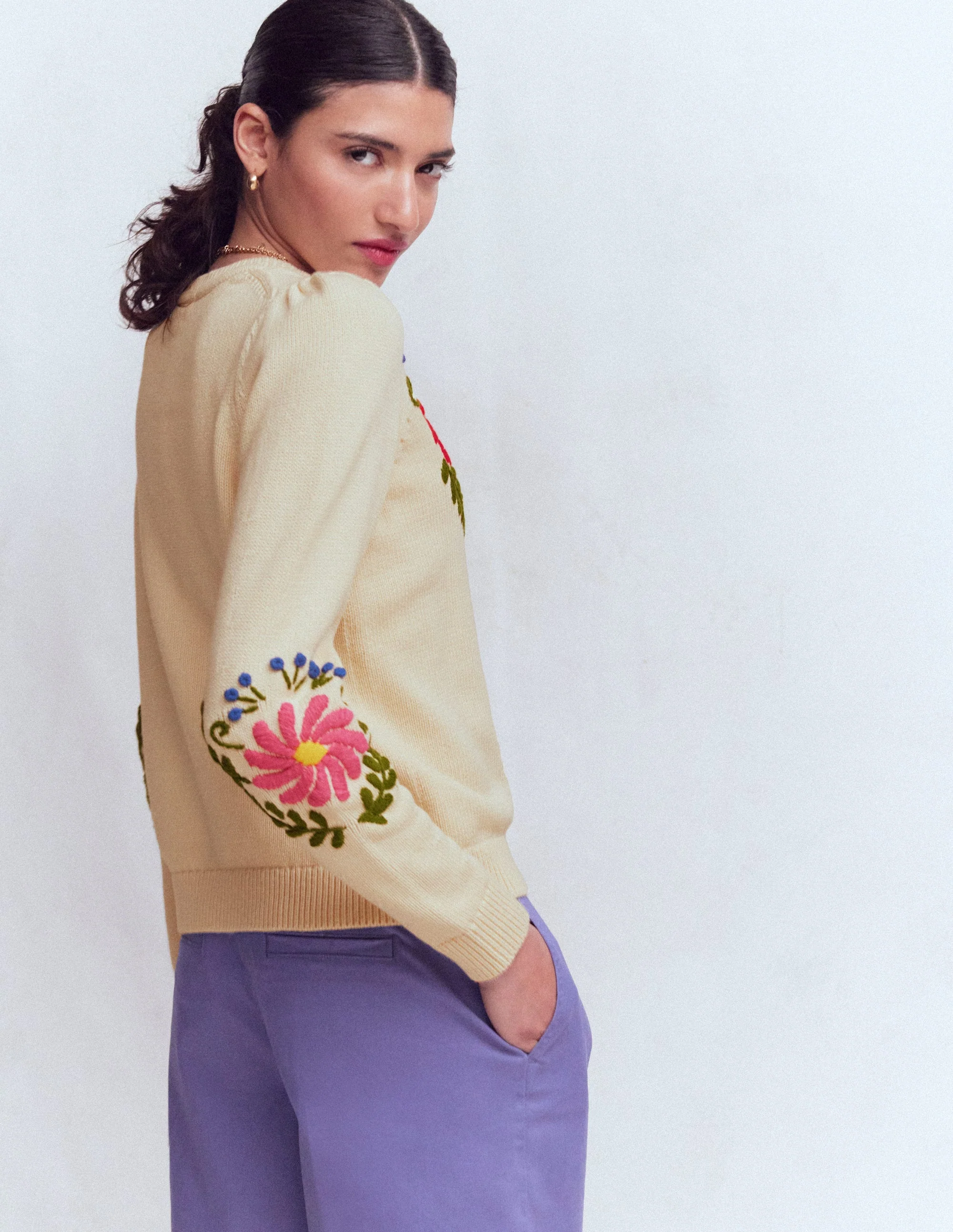 Davina Puff Sleeve Sweater-Ivory Embroidery - Image 3